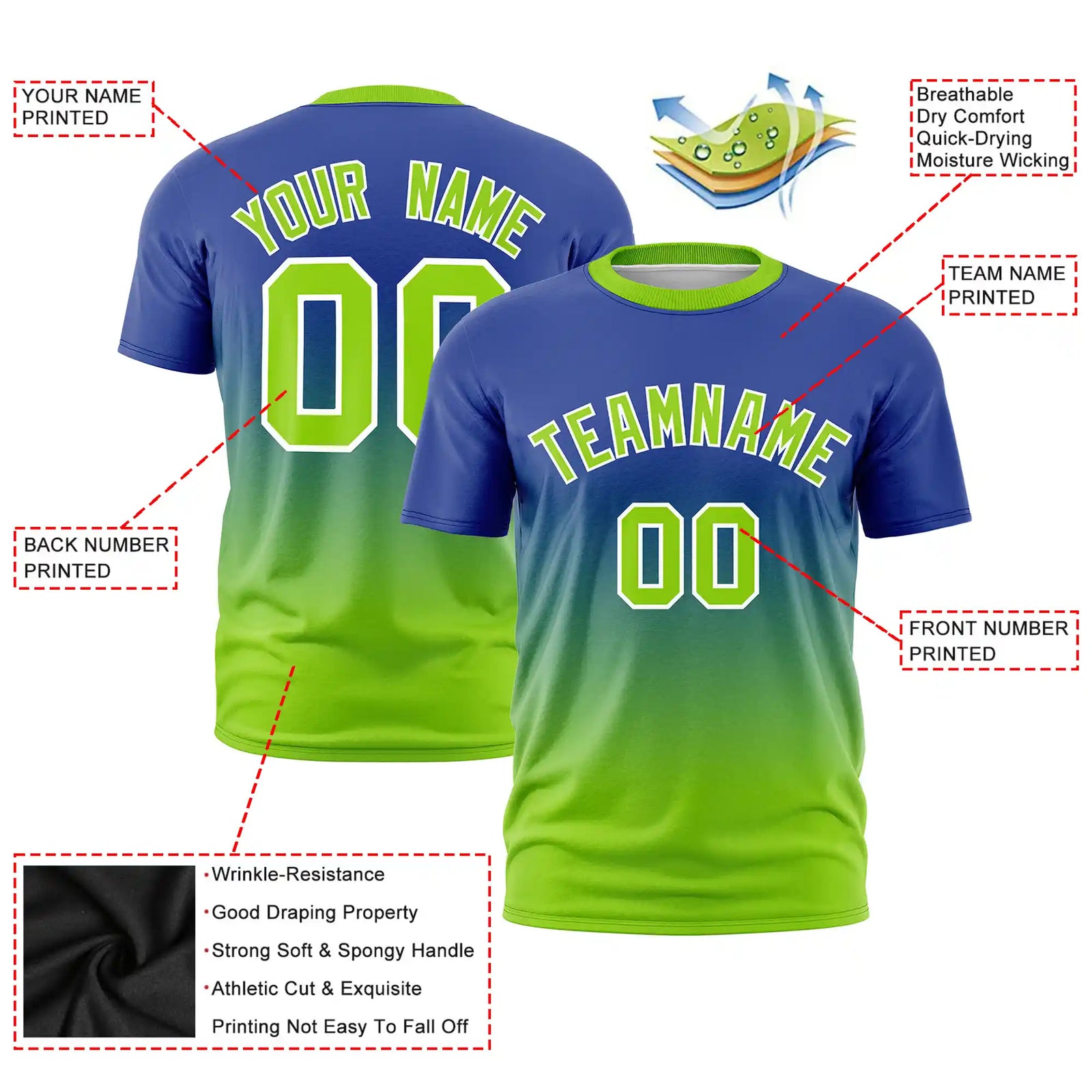Custom Royal Blue-Neon Green Gradient Fashion Design Performance T-Shirt