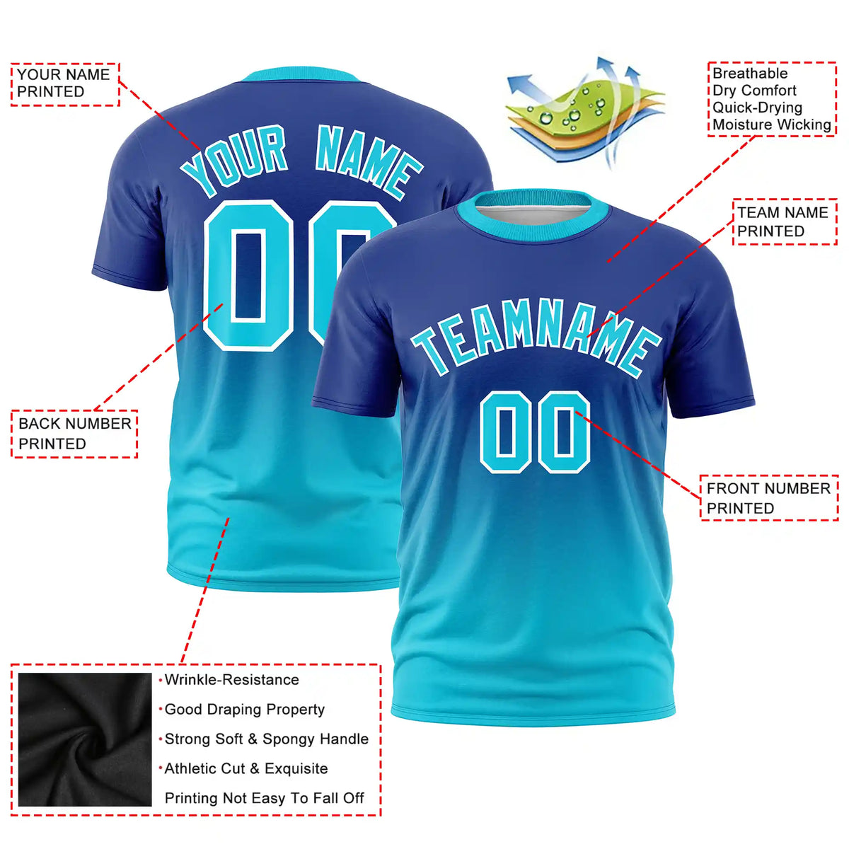 Custom Royal Blue-Sky Blue Gradient Fashion Design Performance T-Shirt