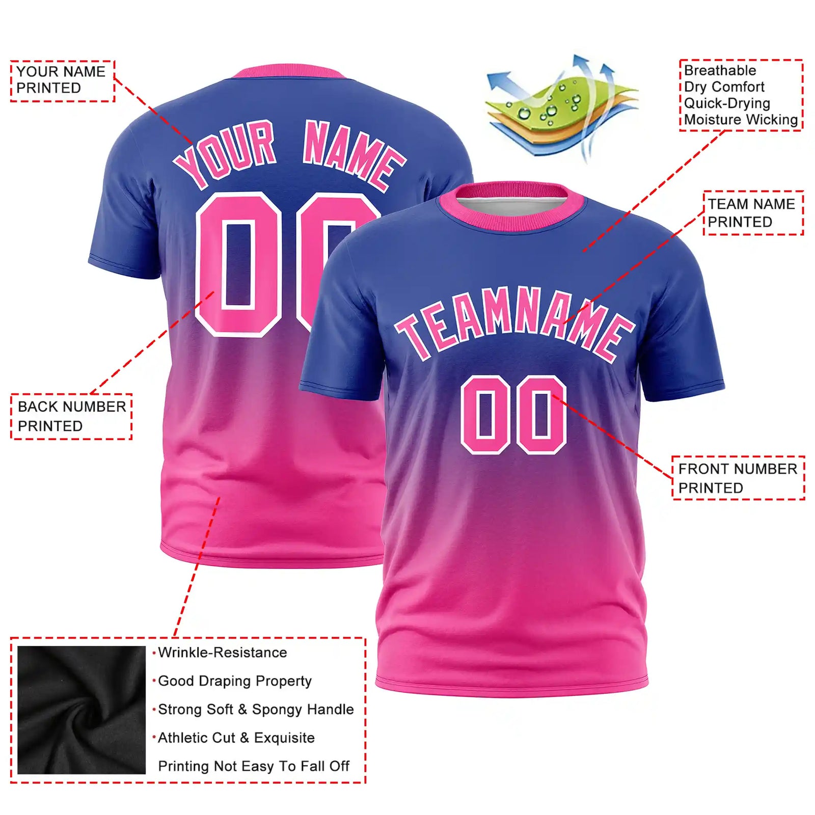 Custom Royal Blue-Pink Gradient Fashion Design Performance T-Shirt
