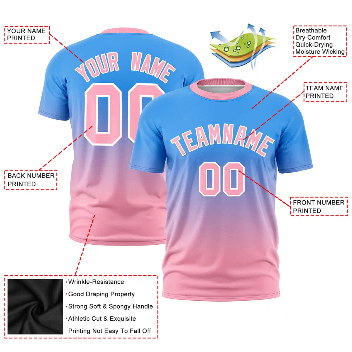 Custom Powder Blue-Light Pink Gradient Fashion Design Performance T-Shirt