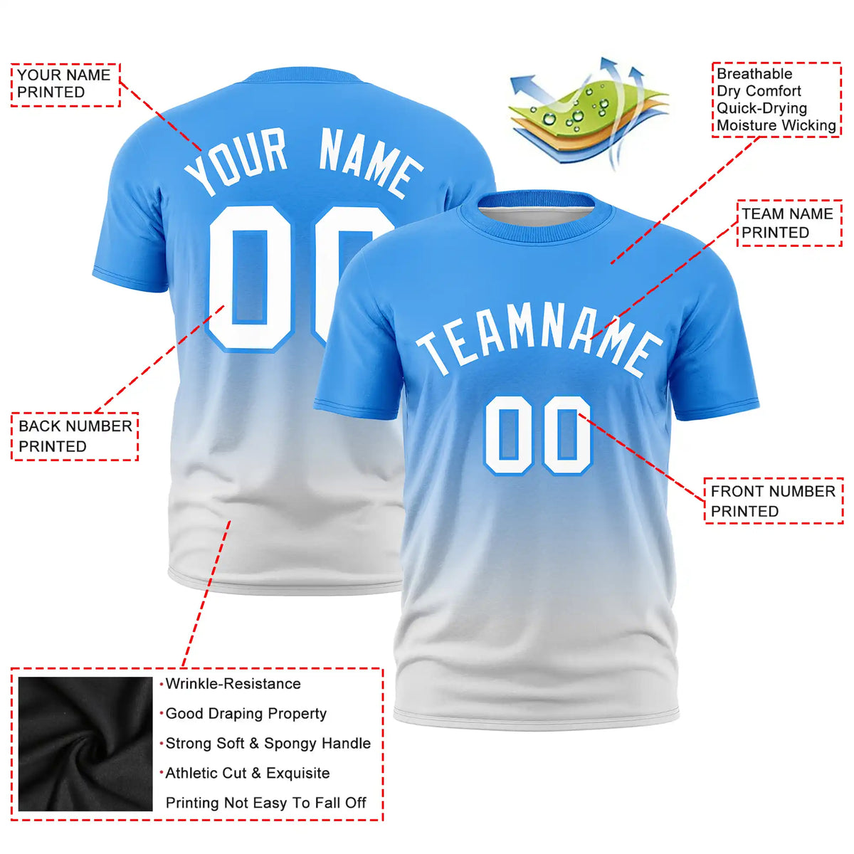 Custom Powder Blue-Gray Gradient Fashion Design Performance T-Shirt