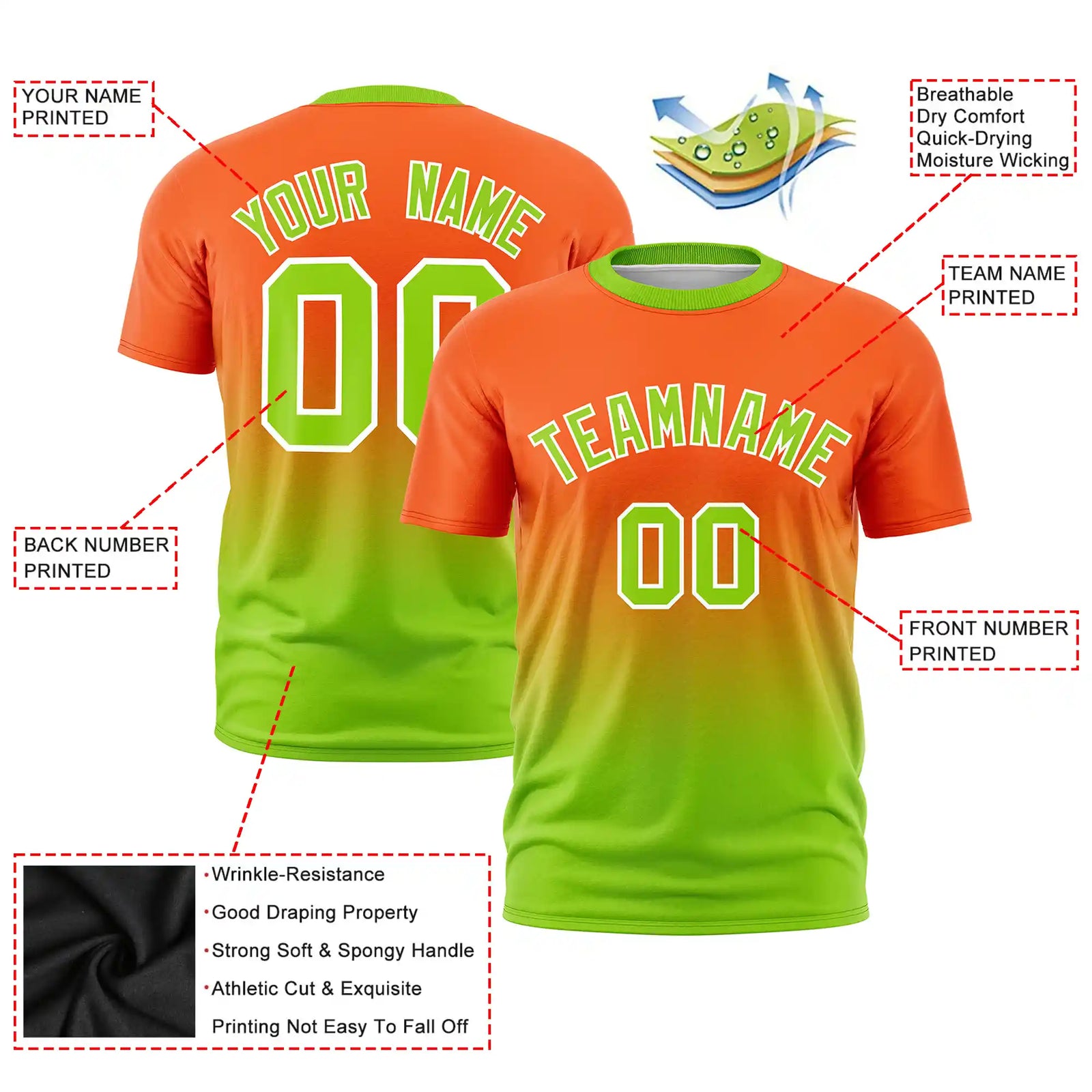Custom Orange-Neon Green Gradient Fashion Design Performance T-Shirt