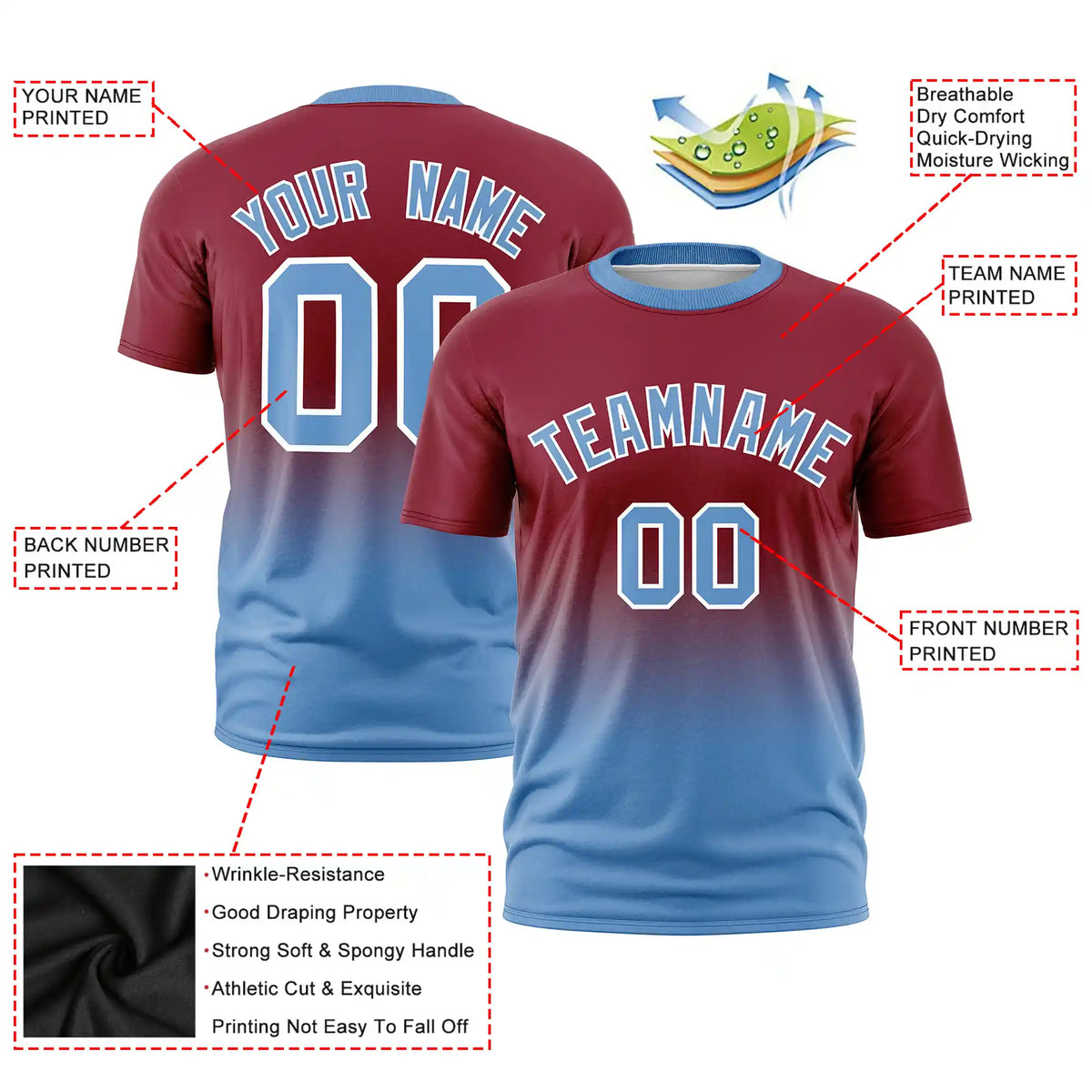 Custom Crimson-Light Blue Gradient Fashion Design Performance T-Shirt