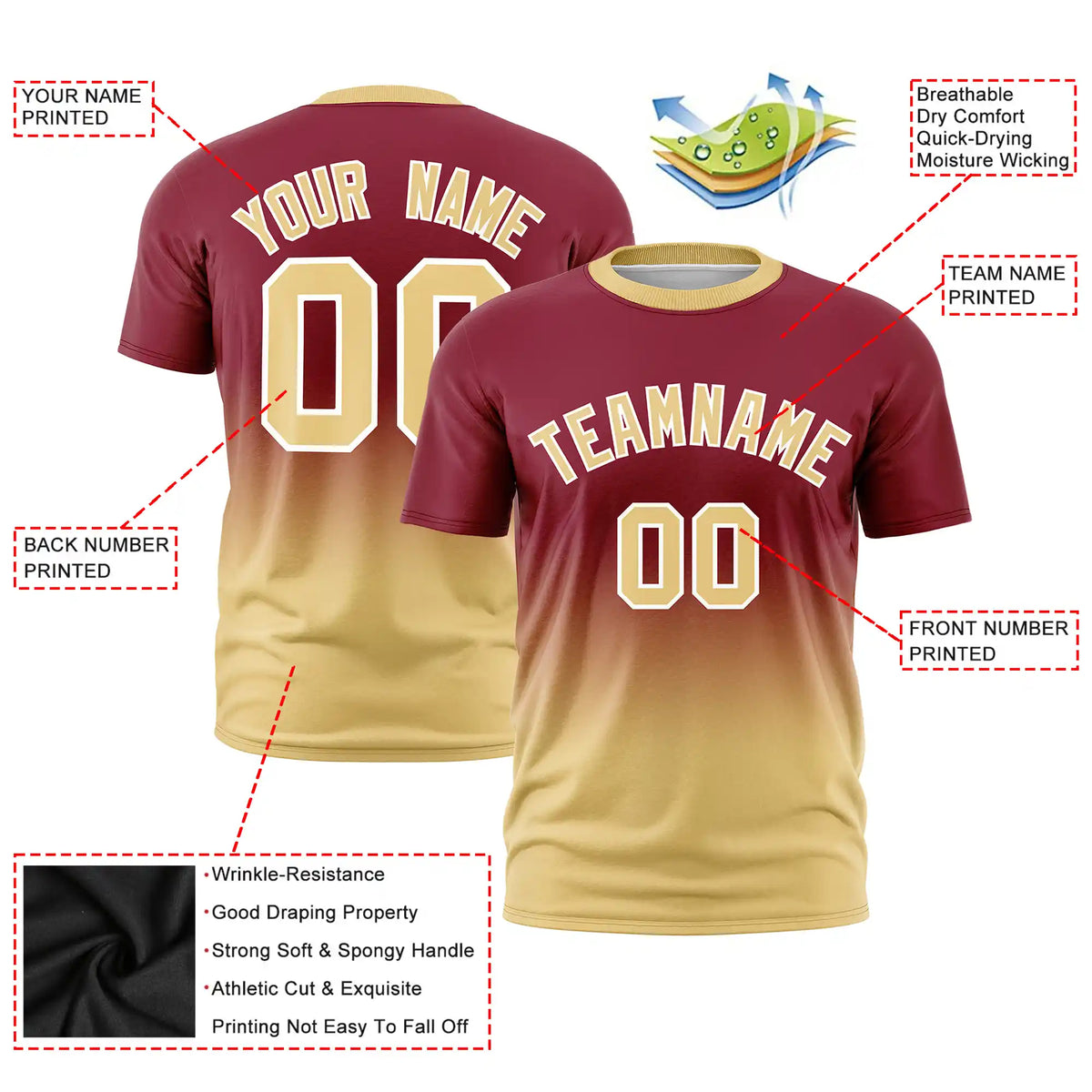 Custom Crimson-Khaki Gradient Fashion Design Performance T-Shirt