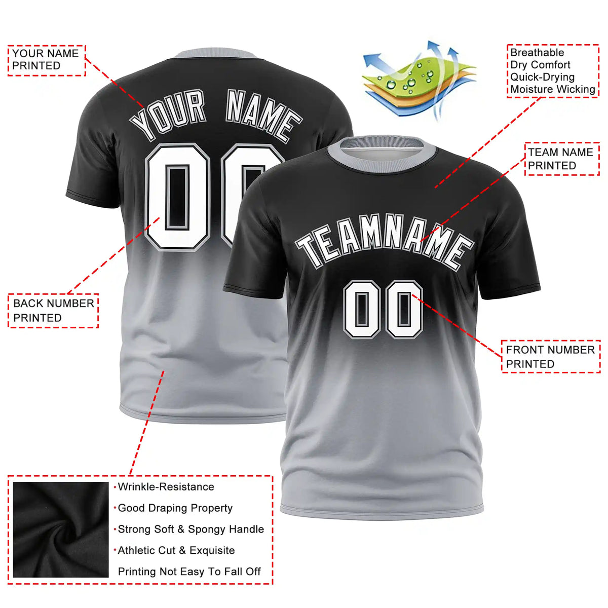 Custom Black-Gray Gradient Fashion Design Performance T-Shirt