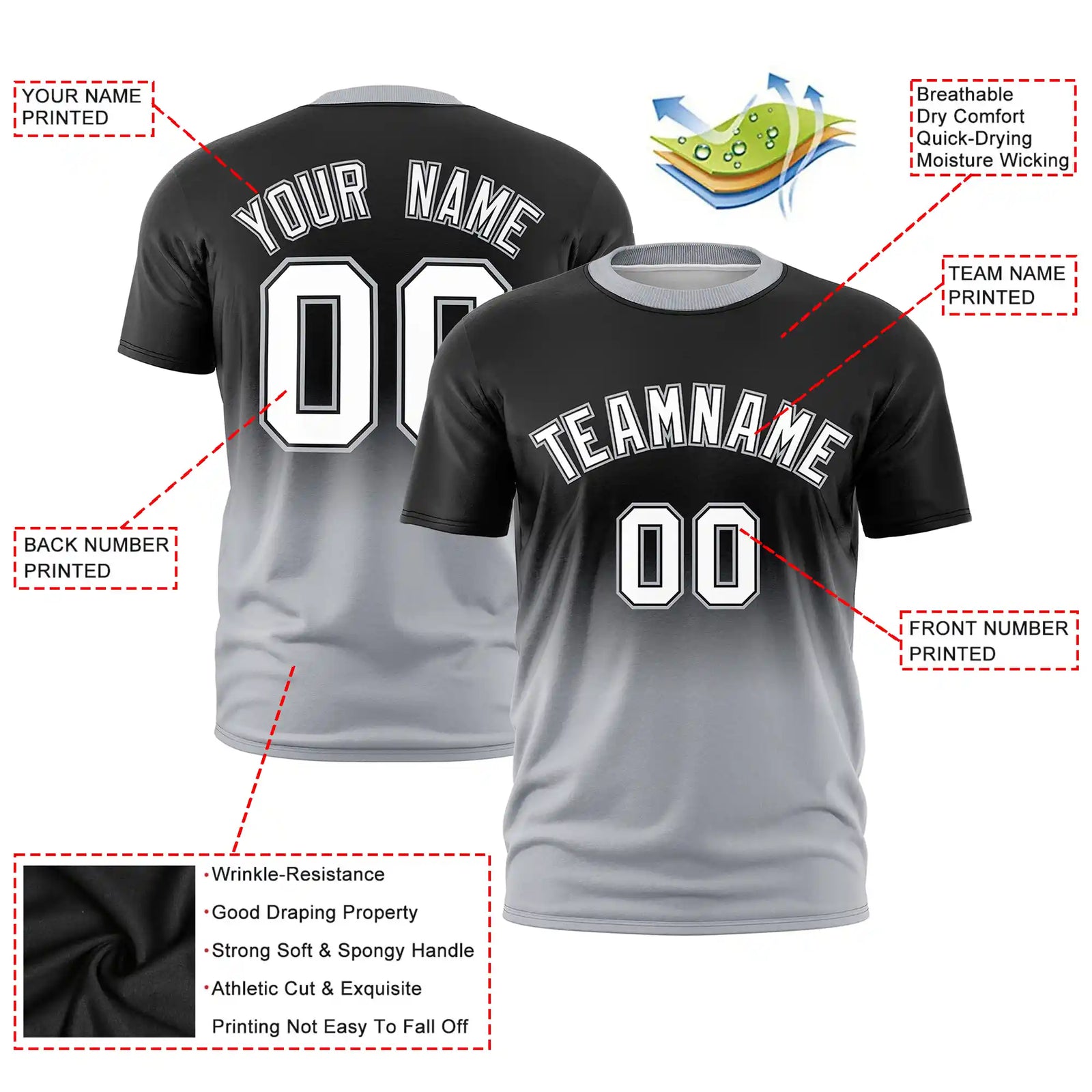 Custom Black-Gray Gradient Fashion Design Performance T-Shirt