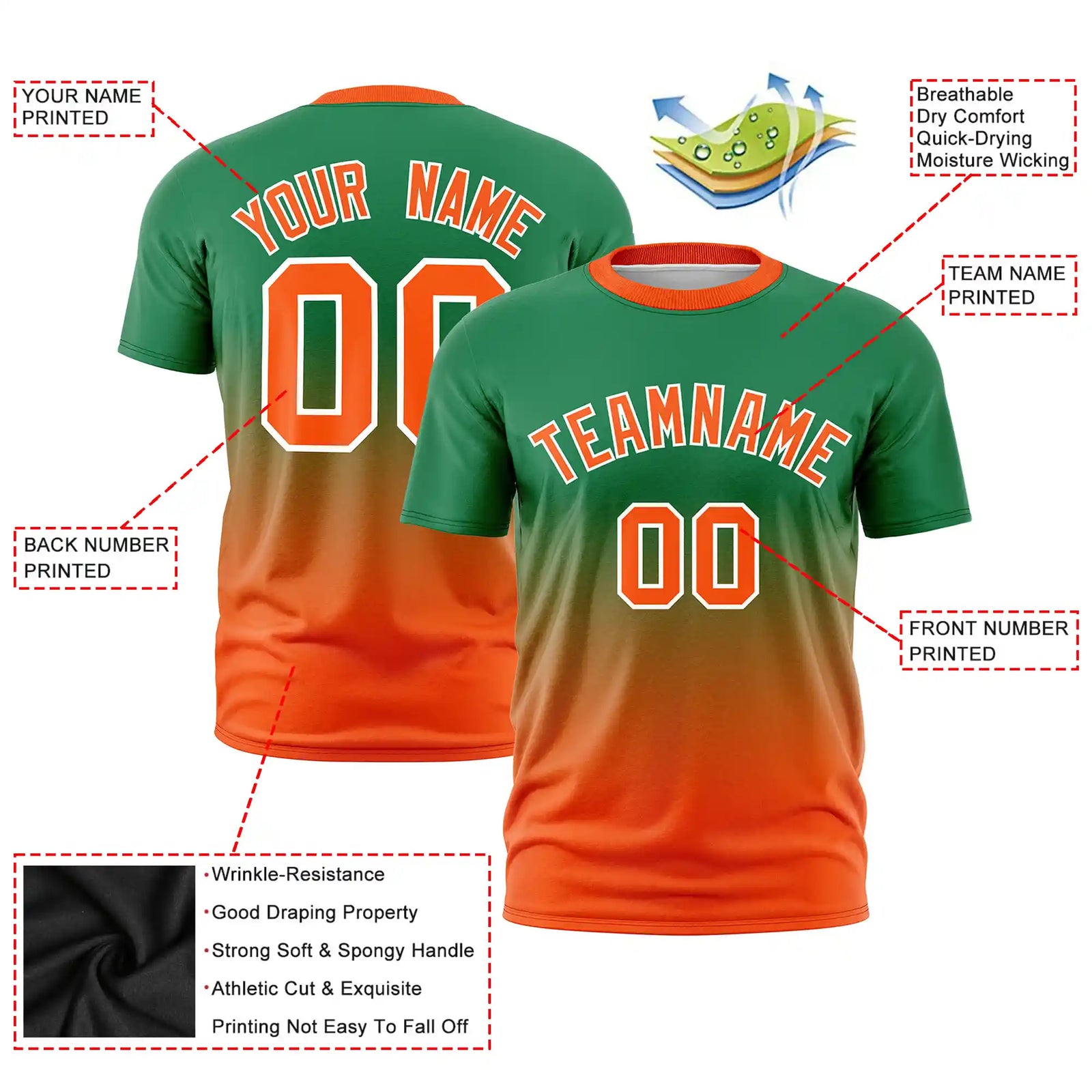 Custom Kelly Green-Orange Gradient Fashion Design Performance T-Shirt