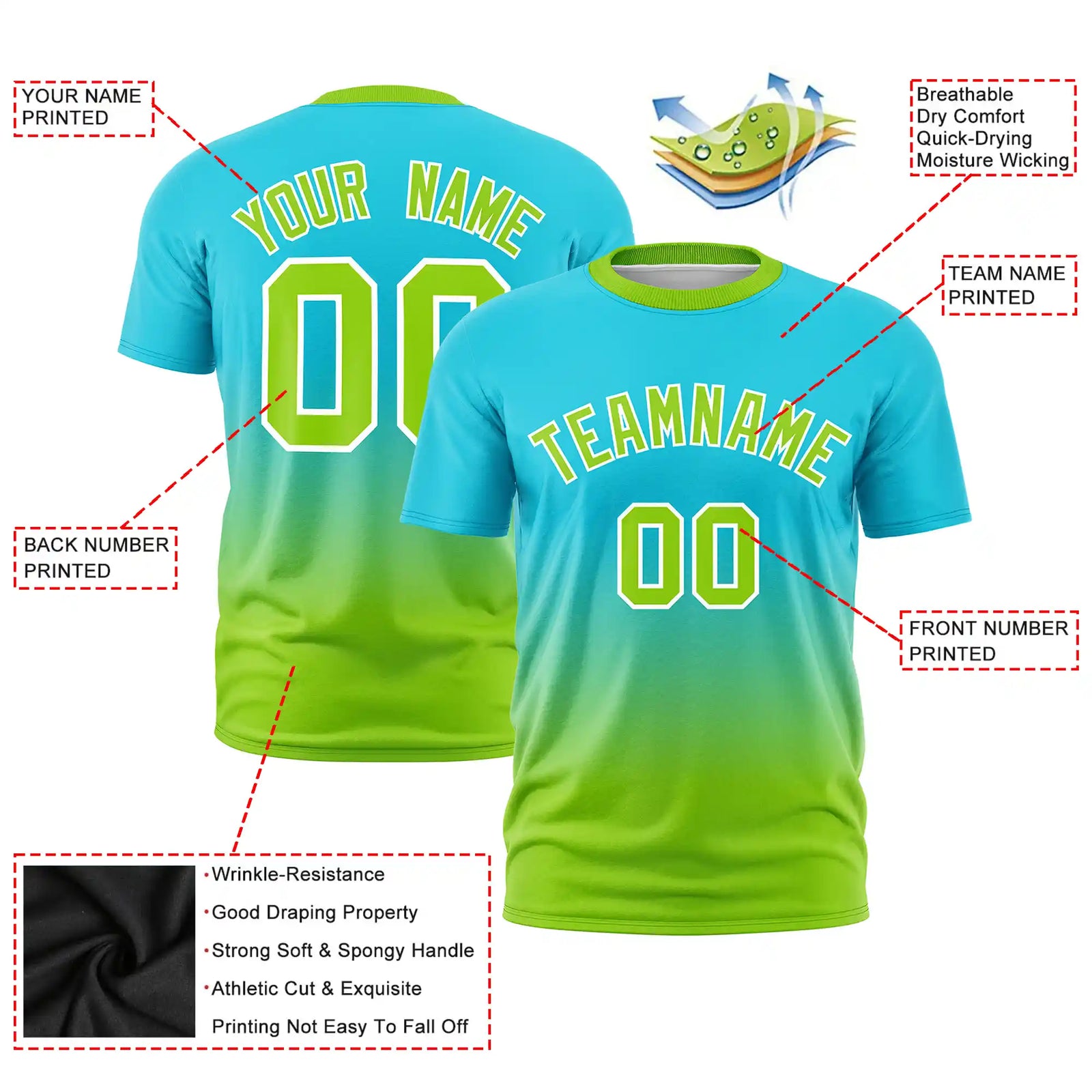 Custom Sky Blue-Neon Green Gradient Fashion Design Performance T-Shirt