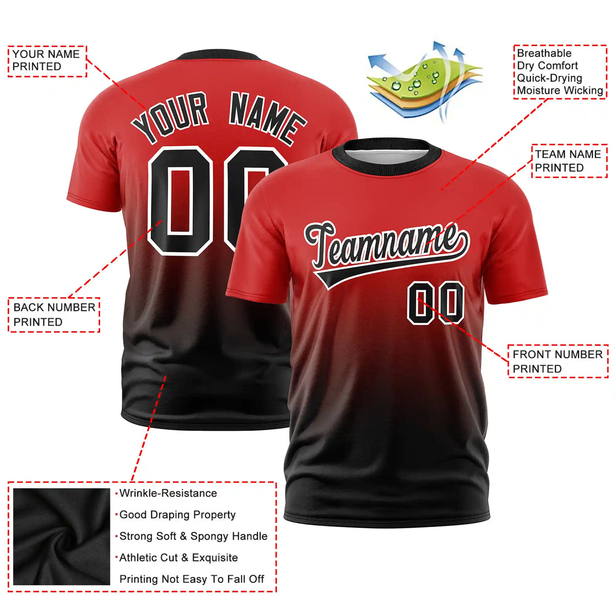 Custom Red-Black Gradient Fashion Design Performance T-Shirt