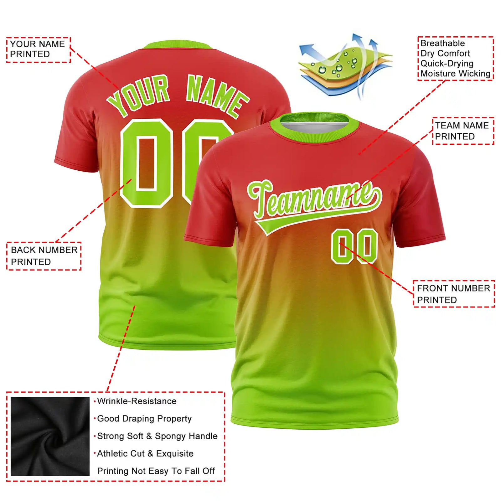 Custom Red-Neon Green Gradient Fashion Design Performance T-Shirt