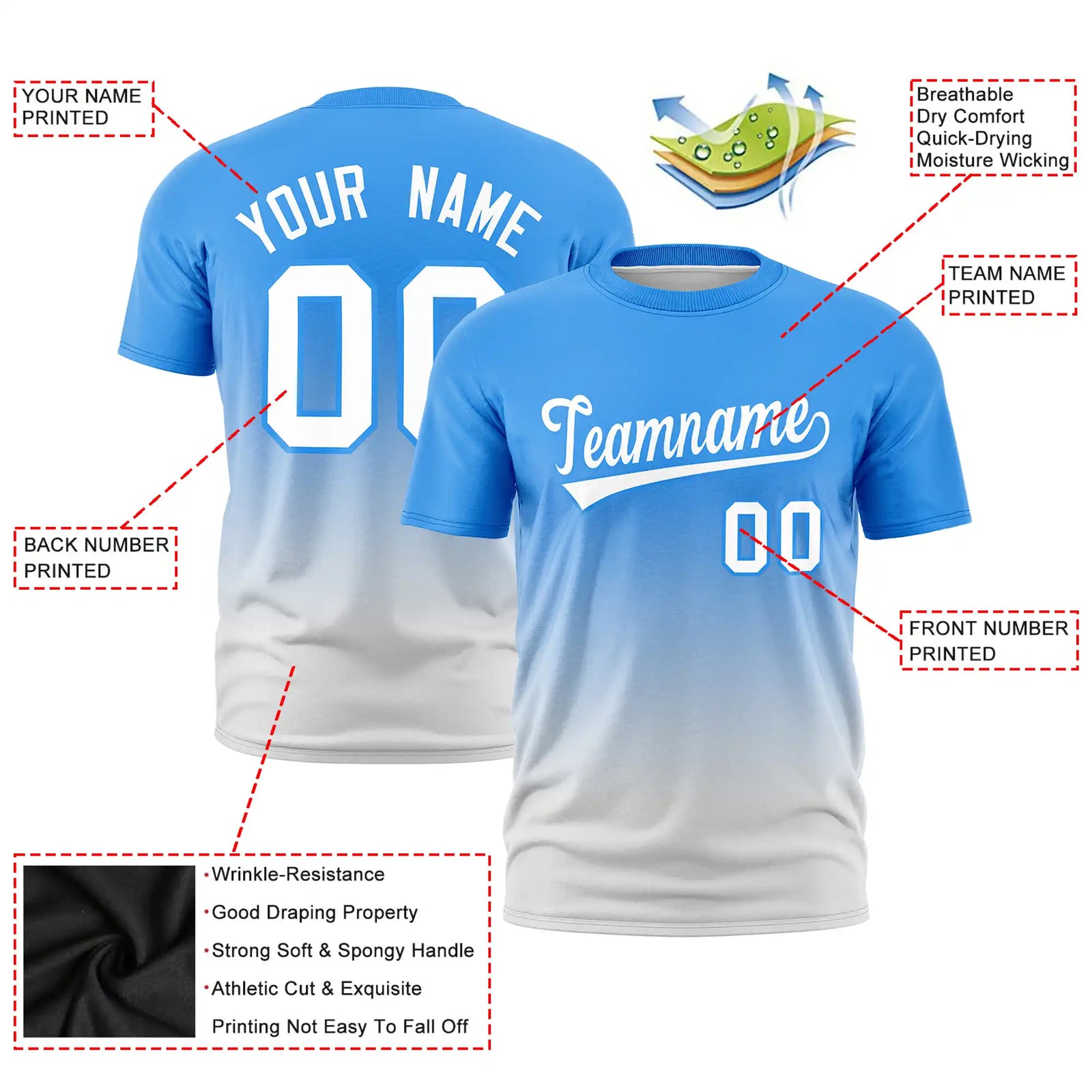 Custom Powder Blue-Gray Gradient Fashion Design Performance T-Shirt