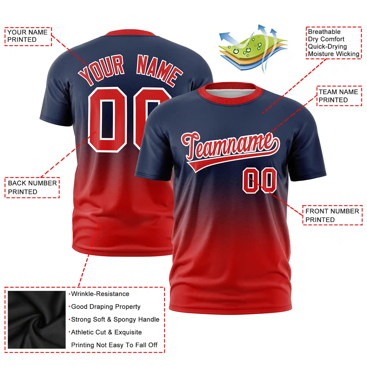 Custom Navy-Red Gradient Fashion Design Performance T-Shirt