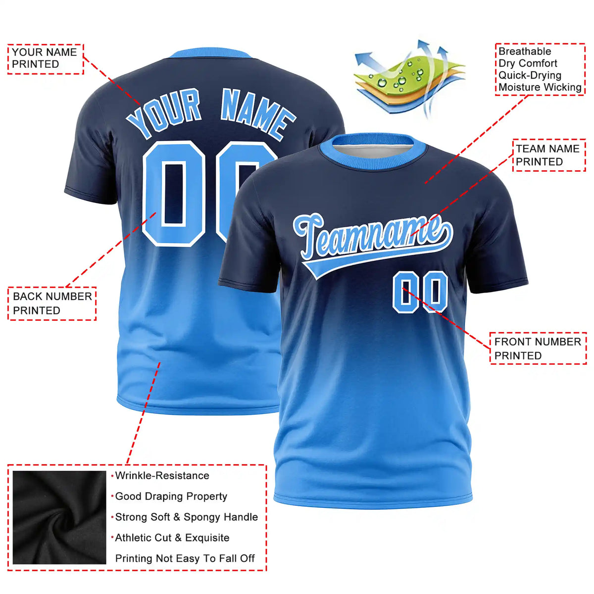 Custom Navy-Powder Blue Gradient Fashion Design Performance T-Shirt