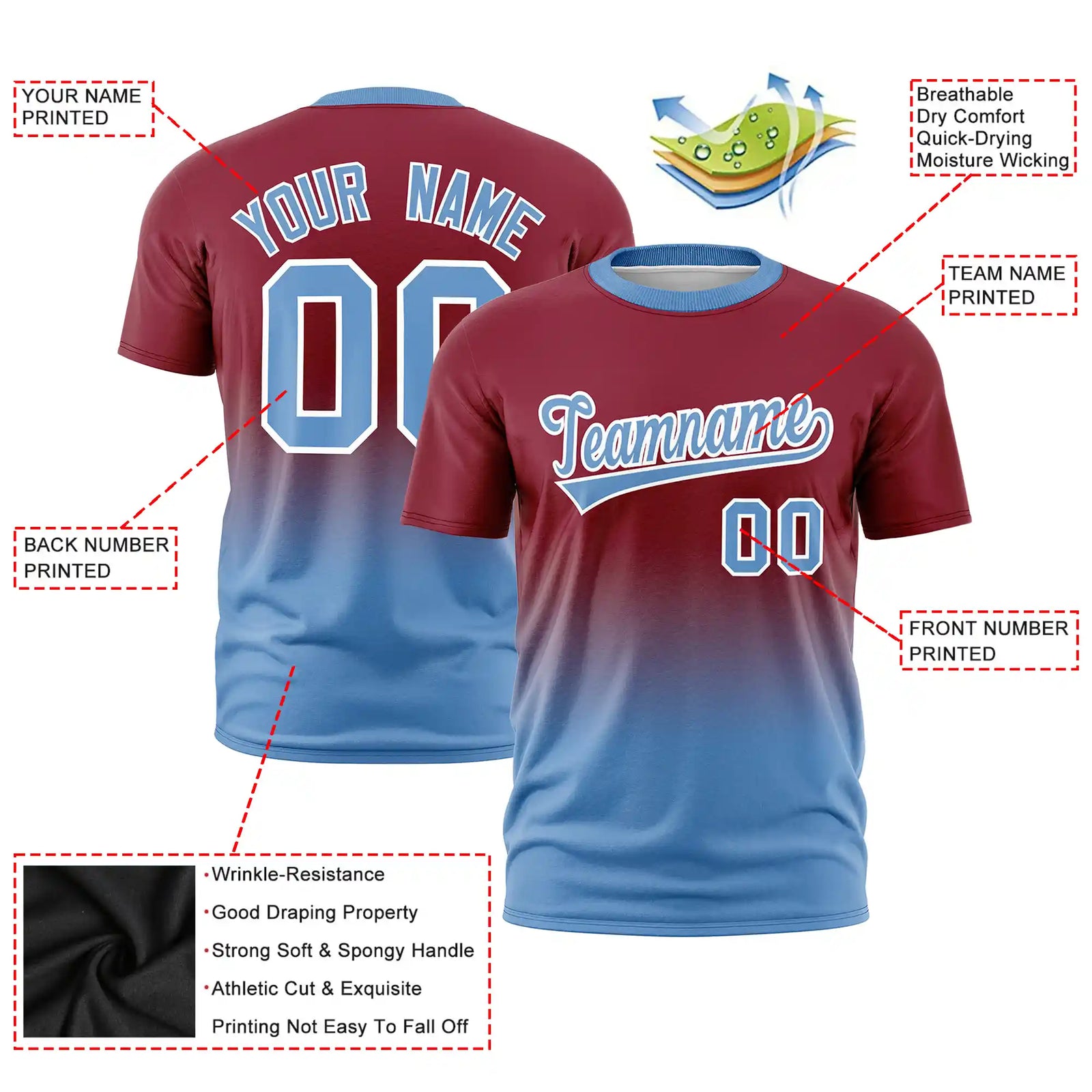 Custom Crimson-Light Blue Gradient Fashion Design Performance T-Shirt