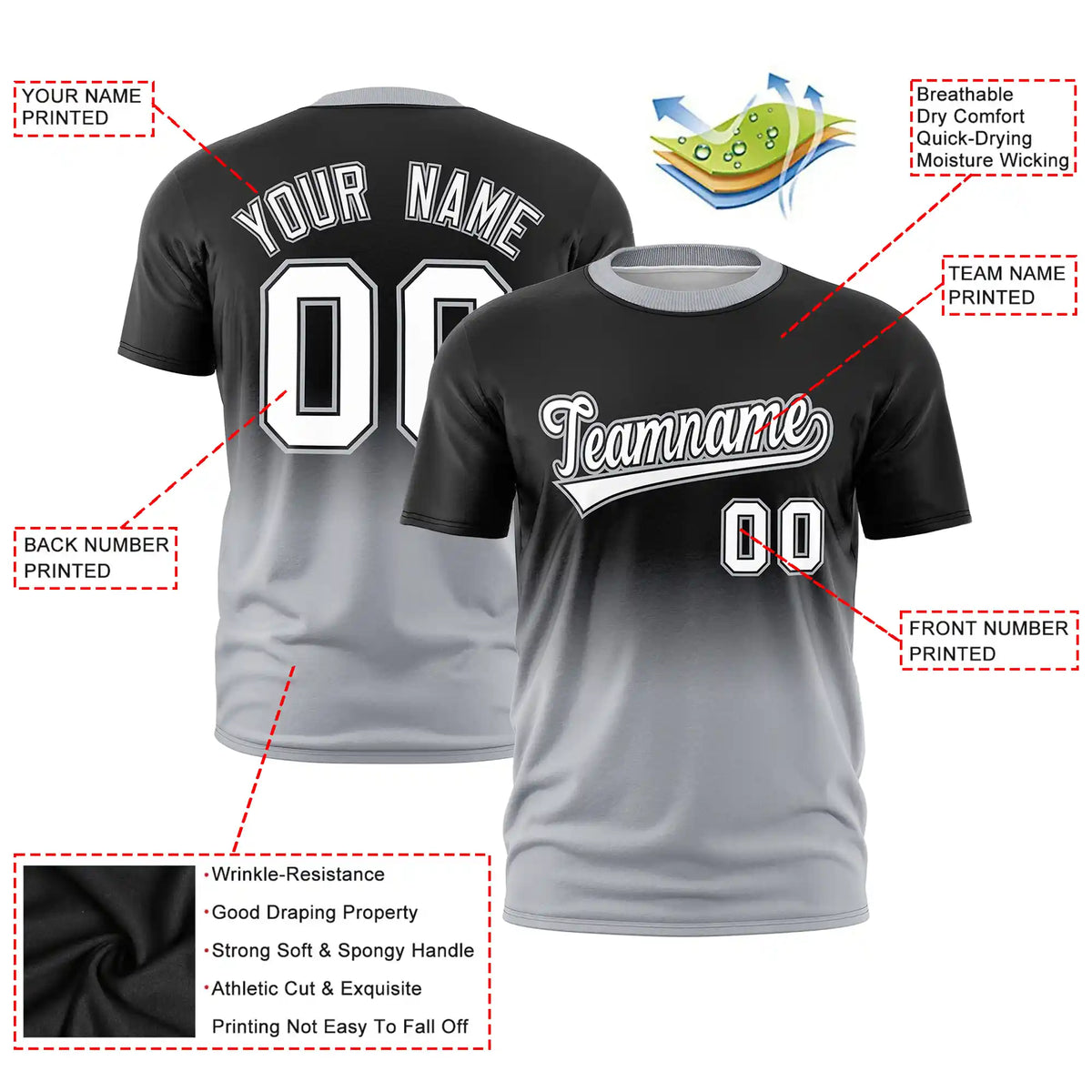 Custom Black-Gray Gradient Fashion Design Performance T-Shirt