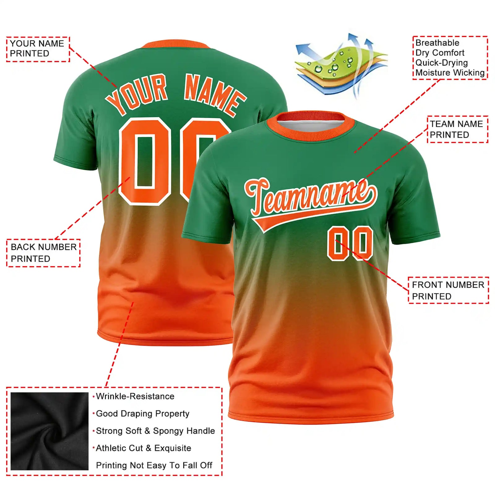 Custom Kelly Green-Orange Gradient Fashion Design Performance T-Shirt