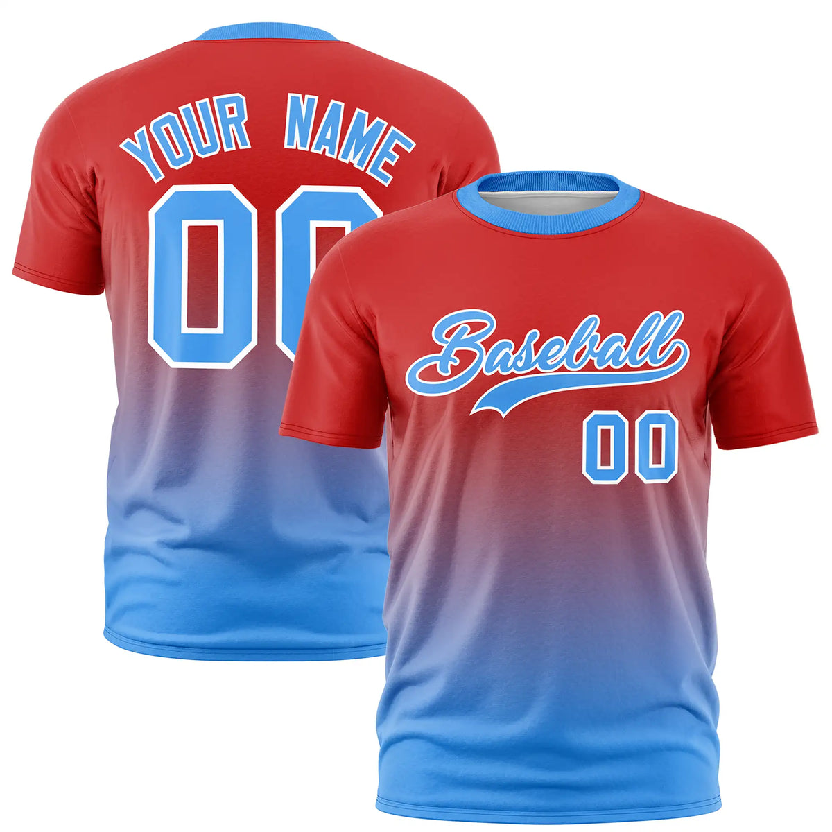 Custom Red-Powder Blue Gradient Fashion Design Performance T-Shirt