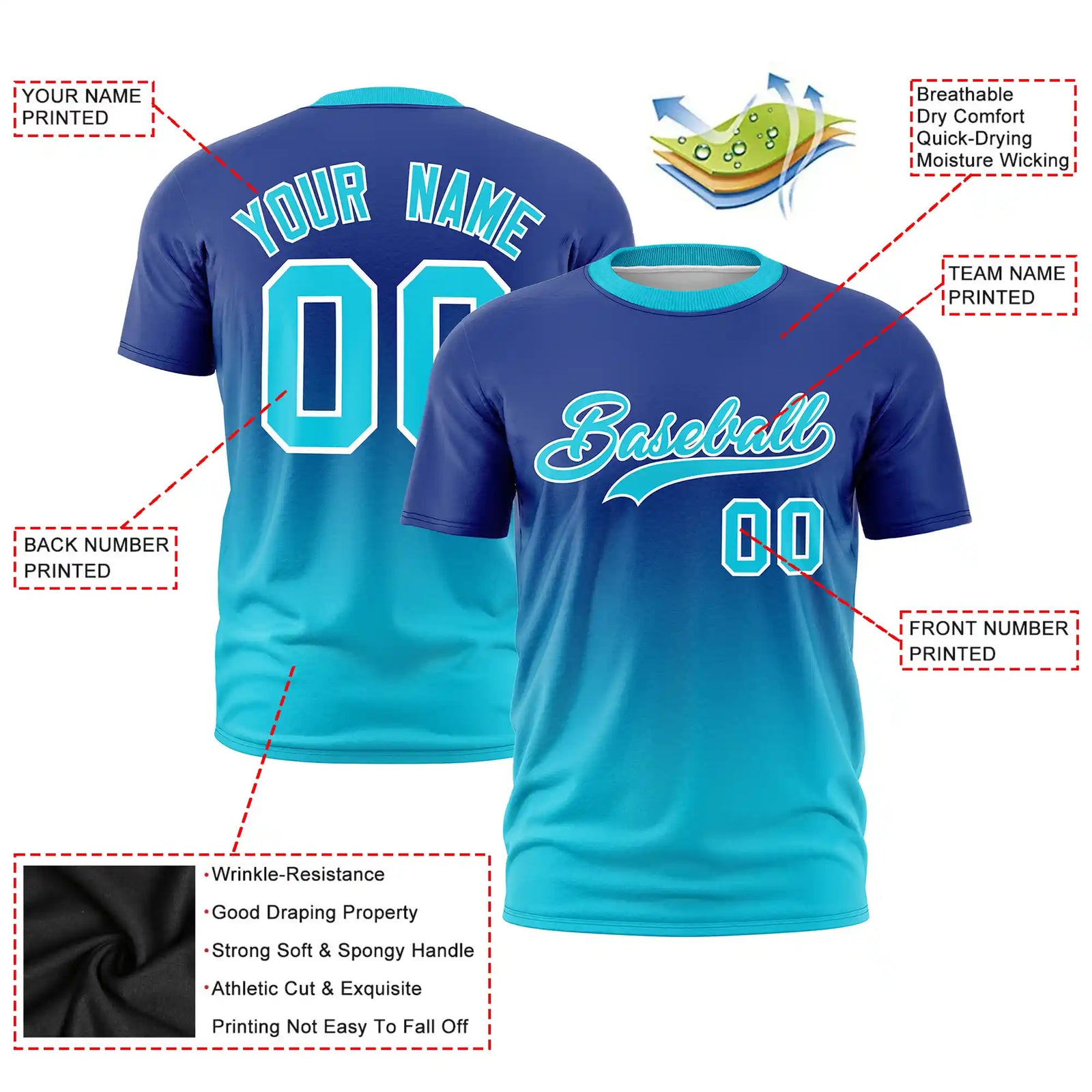 Custom Royal Blue-Sky Blue Gradient Fashion Design Performance T-Shirt