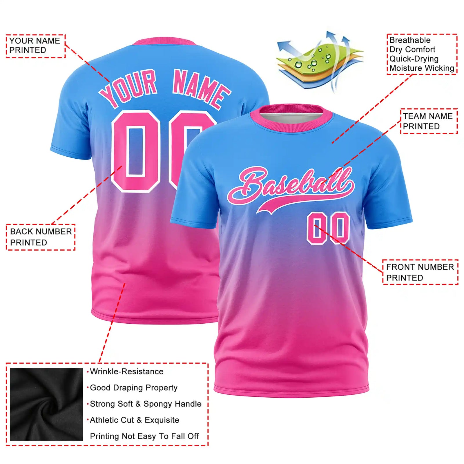 Custom Powder Blue-Pink Gradient Fashion Design Performance T-Shirt
