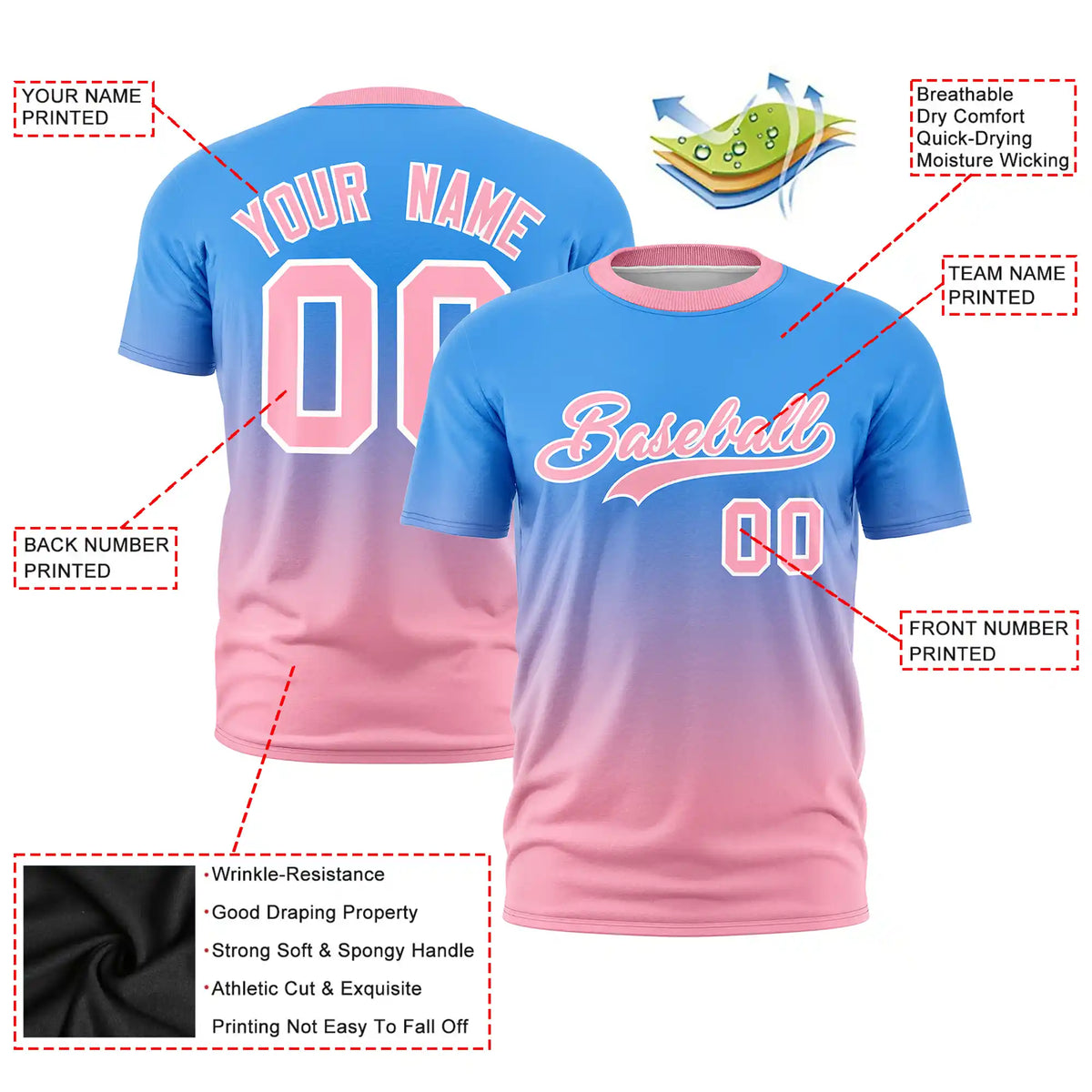 Custom Powder Blue-Light Pink Gradient Fashion Design Performance T-Shirt