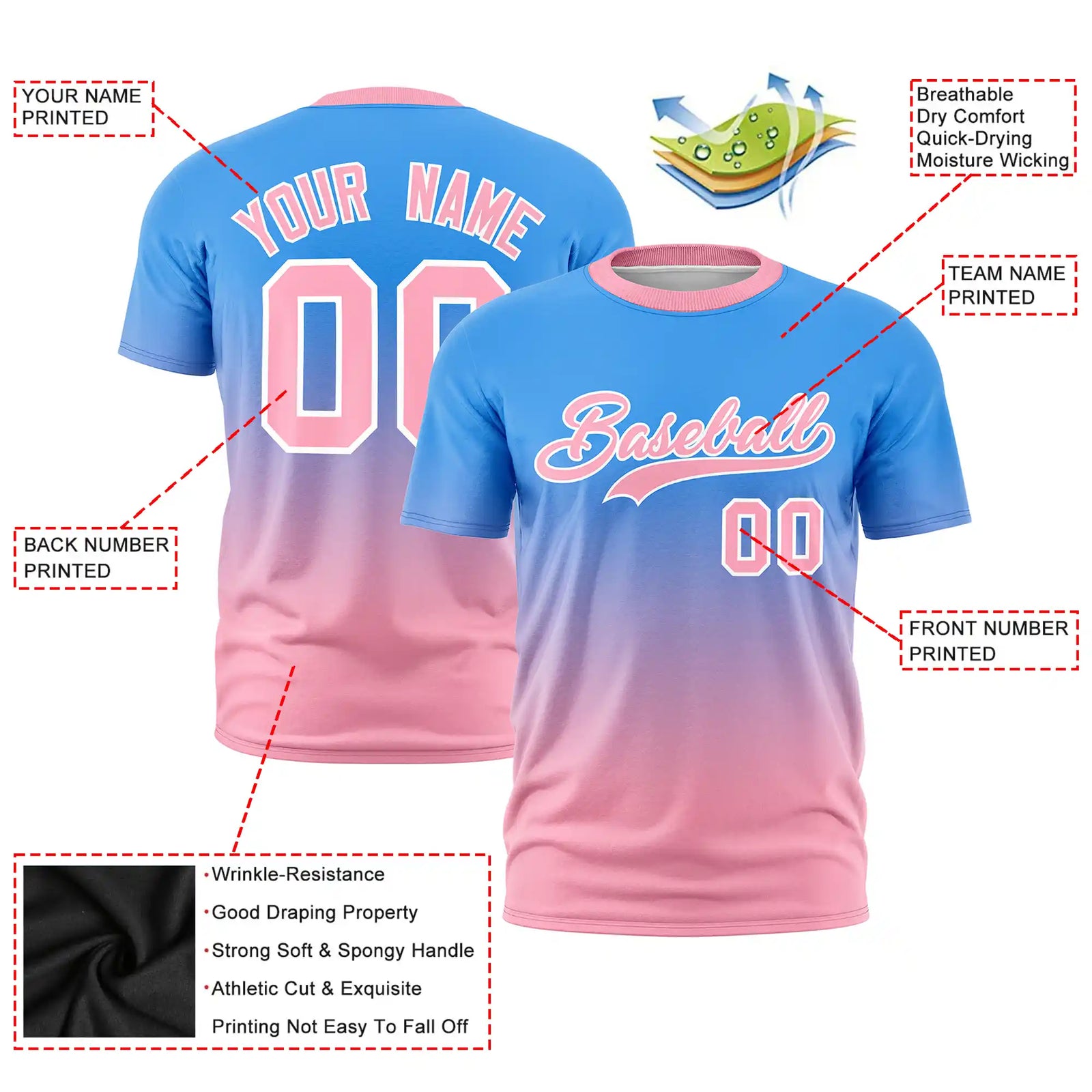 Custom Powder Blue-Light Pink Gradient Fashion Design Performance T-Shirt