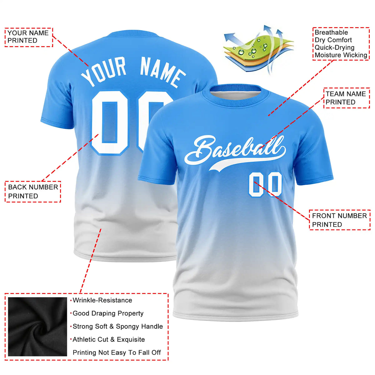 Custom Powder Blue-Gray Gradient Fashion Design Performance T-Shirt