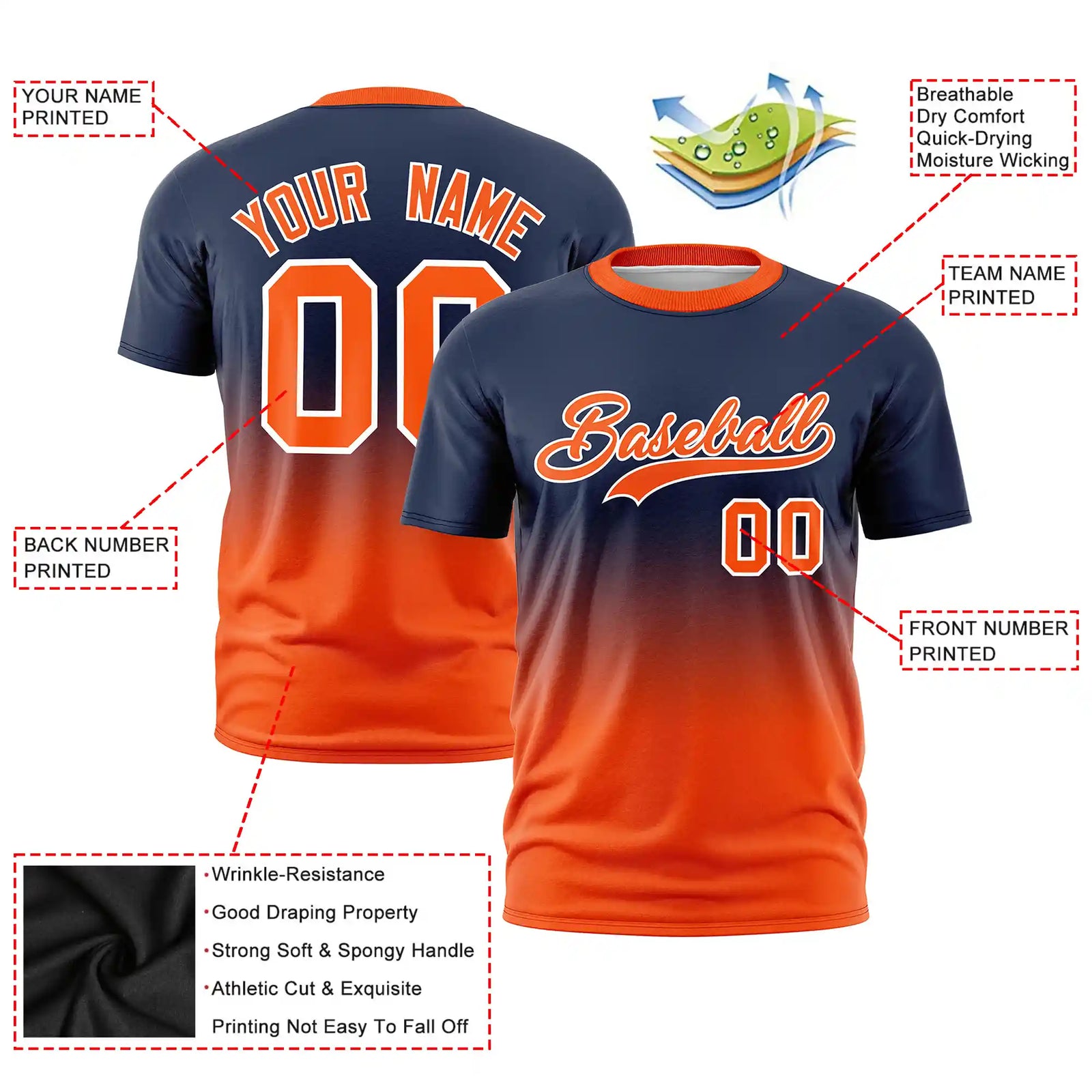 Custom Navy-Orange Gradient Fashion Design Performance T-Shirt