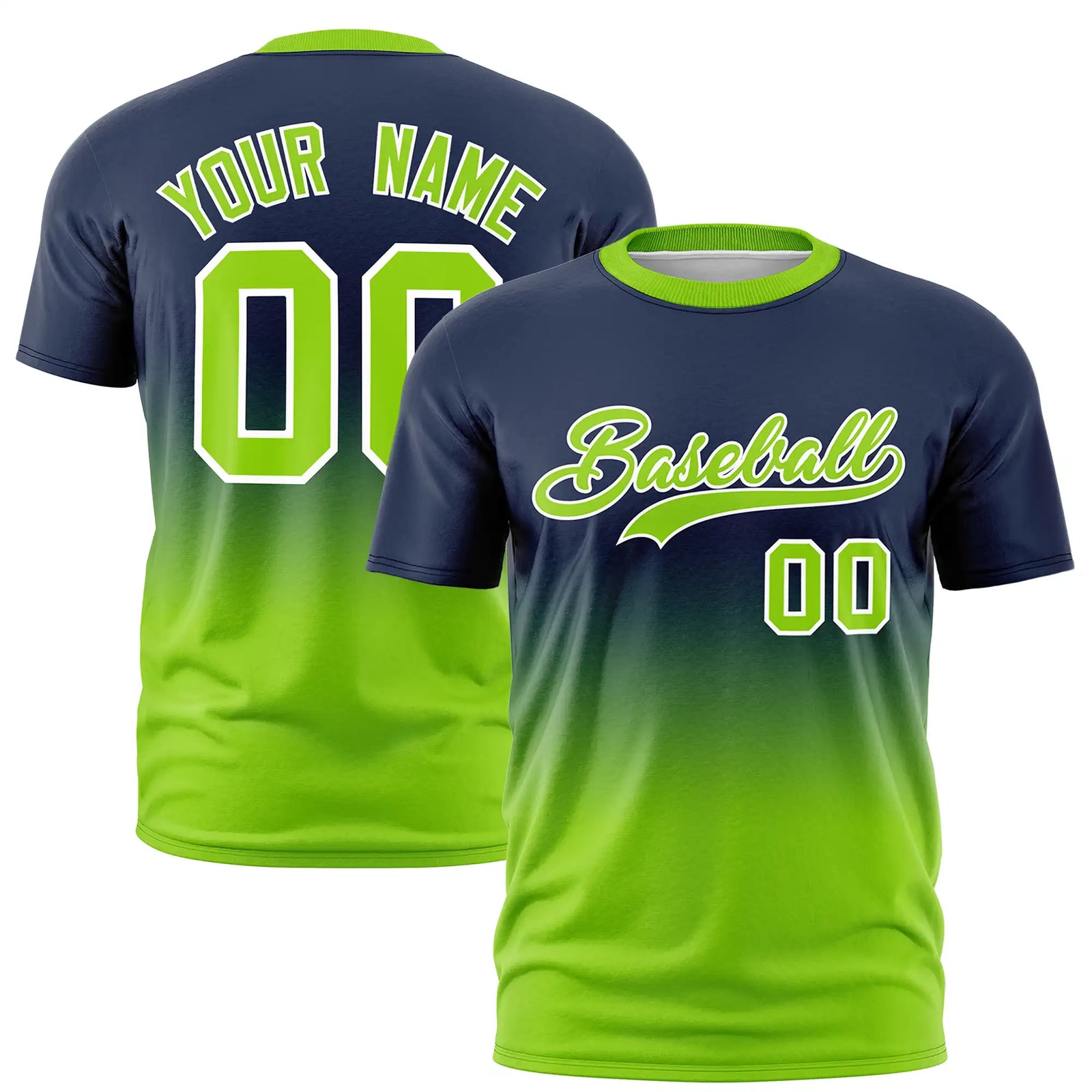 Custom Navy-Neon Green Gradient Fashion Design Performance T-Shirt
