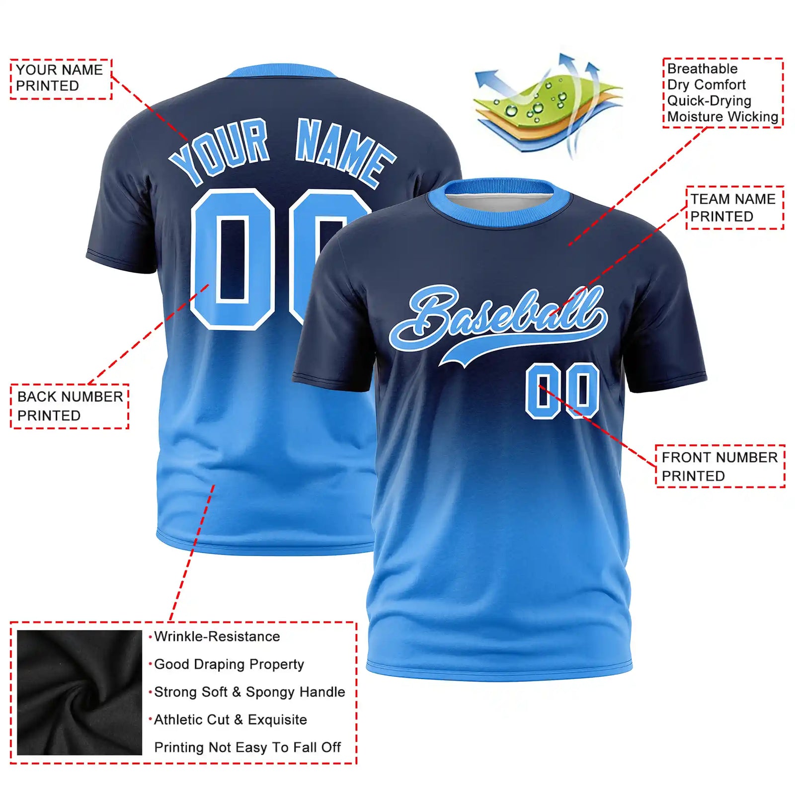 Custom Navy-Powder Blue Gradient Fashion Design Performance T-Shirt