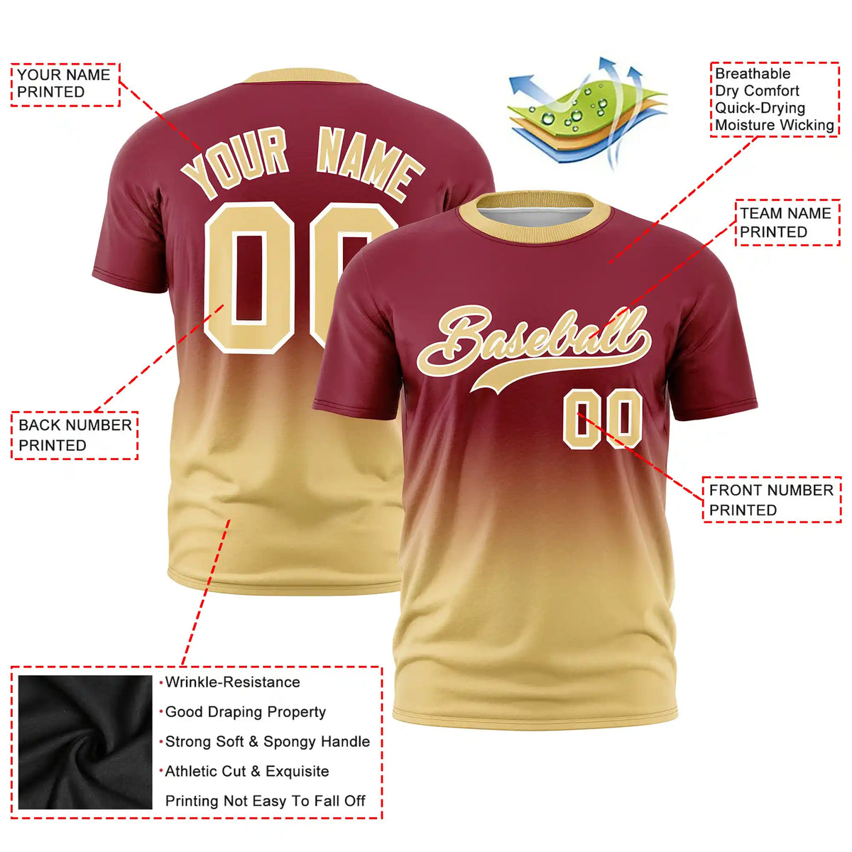 Custom Crimson-Khaki Gradient Fashion Design Performance T-Shirt