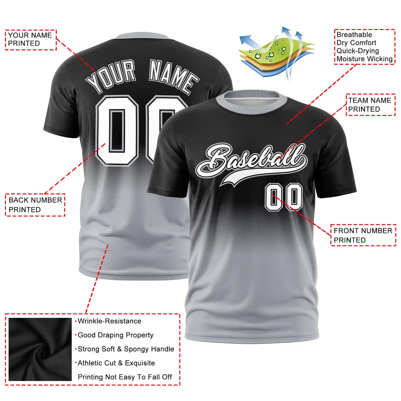 Custom Black-Gray Gradient Fashion Design Performance T-Shirt