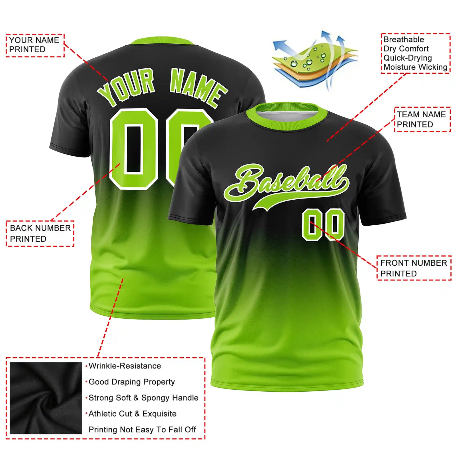 Custom Black-Neon Green Gradient Fashion Design Performance T-Shirt