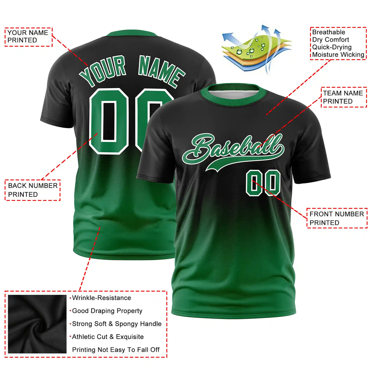 Custom Black-Kelly Green Gradient Fashion Design Performance T-Shirt