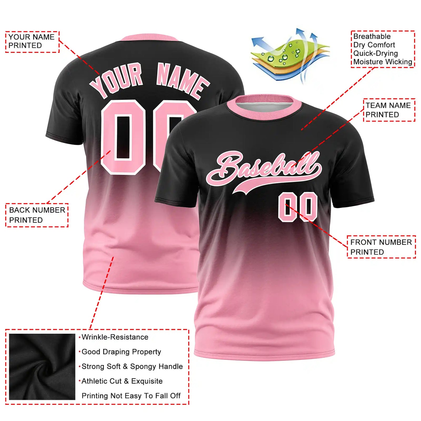 Custom Black-Light Pink Gradient Fashion Design Performance T-Shirt