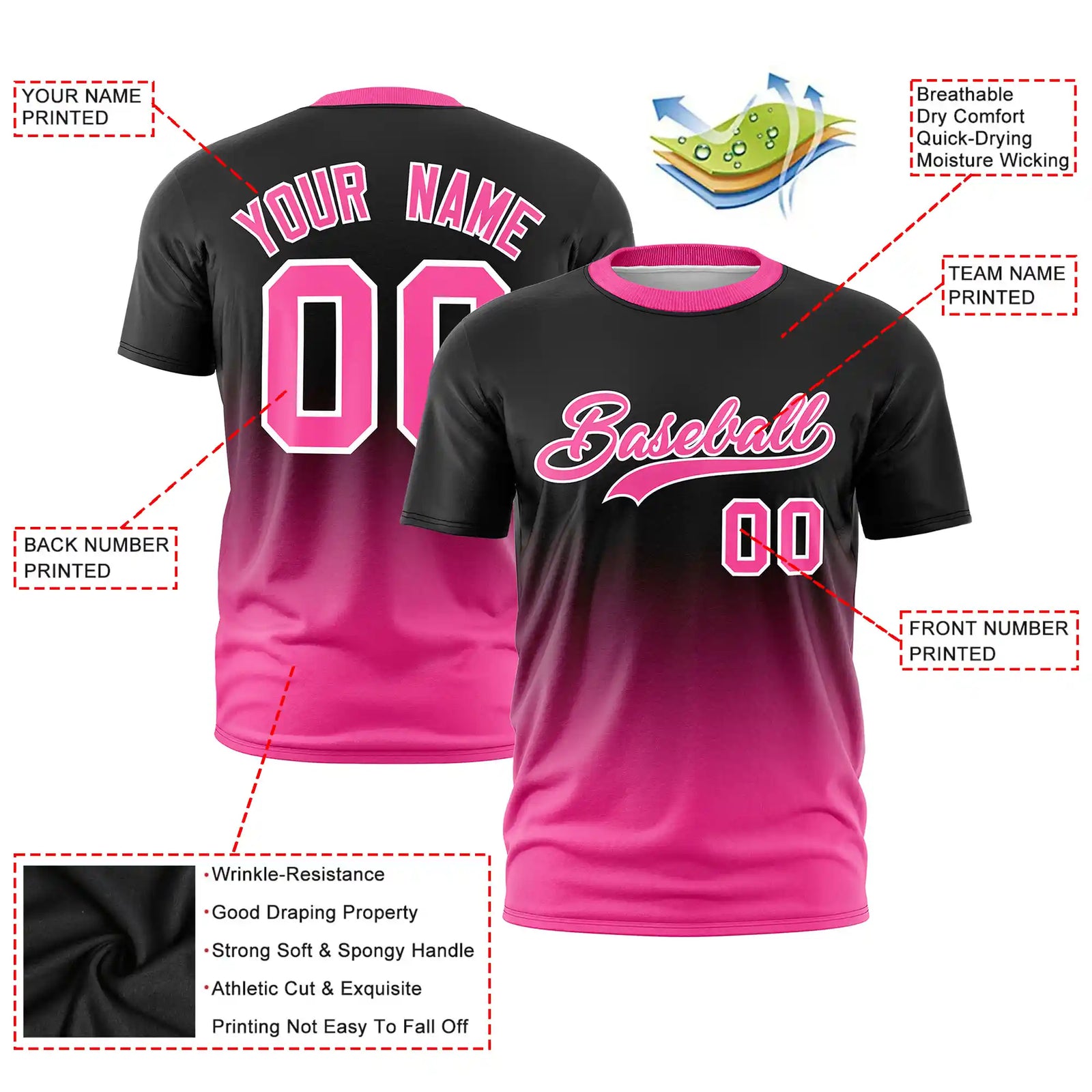 Custom Black-Pink Gradient Fashion Design Performance T-Shirt