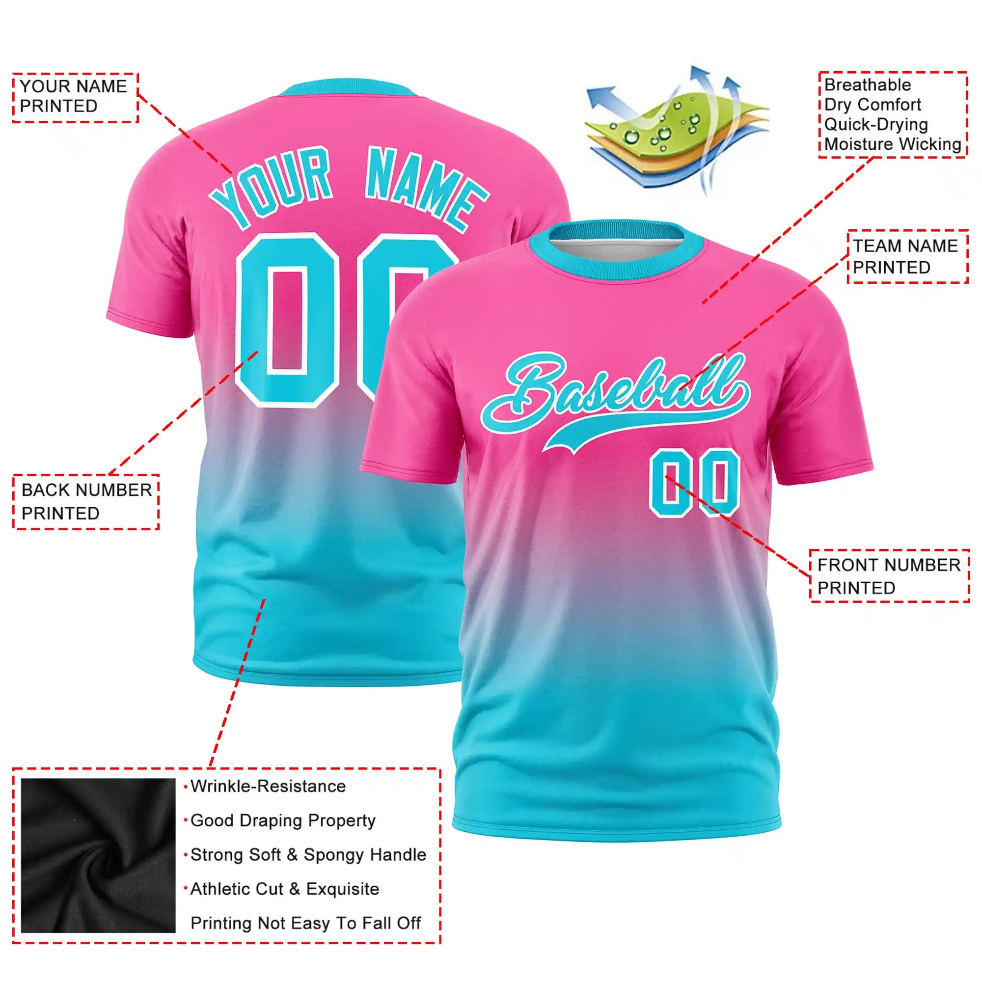 Custom Pink-Sky Blue Gradient Fashion Design Performance T-Shirt