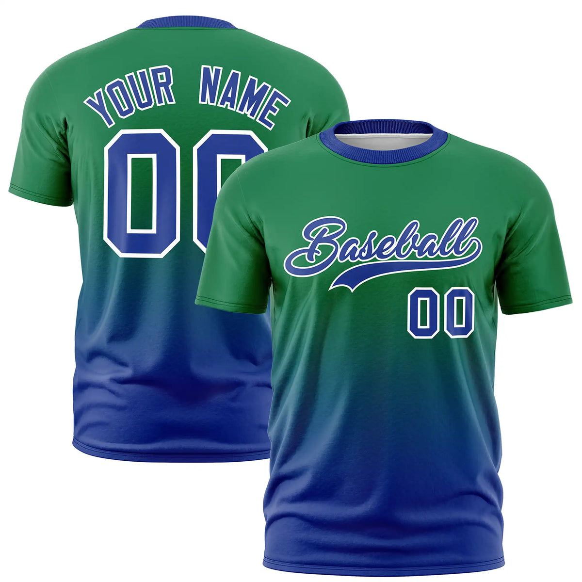 Custom Kelly Green-Royal Blue Gradient Fashion Design Performance T-Shirt