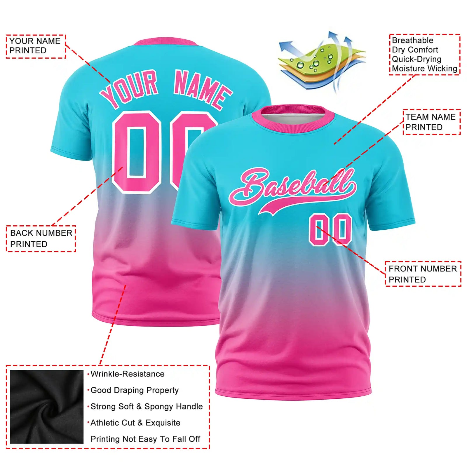 Custom Sky Blue-Pink Gradient Fashion Design Performance T-Shirt