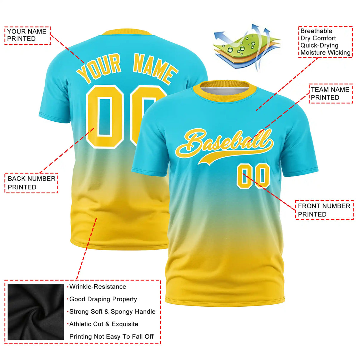 Custom Sky Blue-Gold01 Gradient Fashion Design Performance T-Shirt