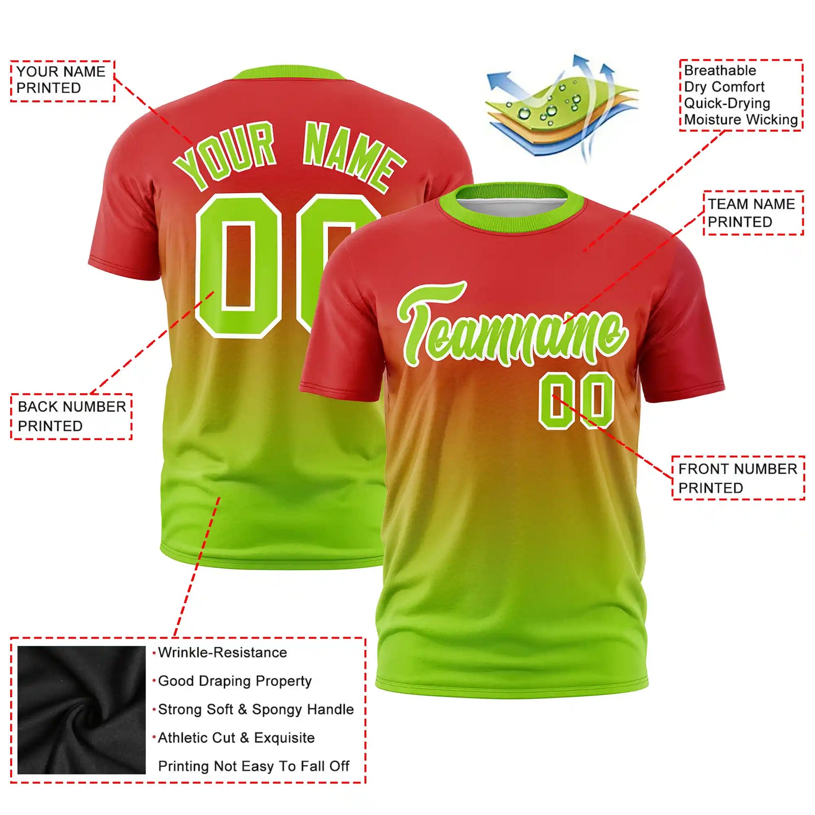 Custom Red-Neon Green Gradient Fashion Design Performance T-Shirt