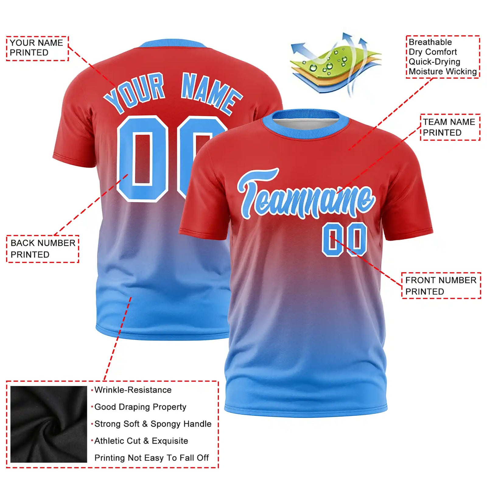 Custom Red-Powder Blue Gradient Fashion Design Performance T-Shirt