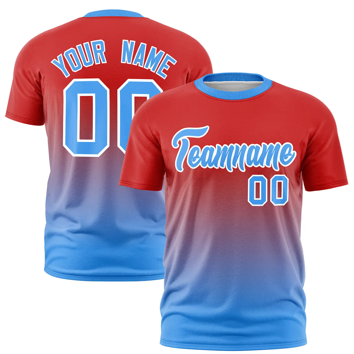 Custom Red-Powder Blue Gradient Fashion Design Performance T-Shirt