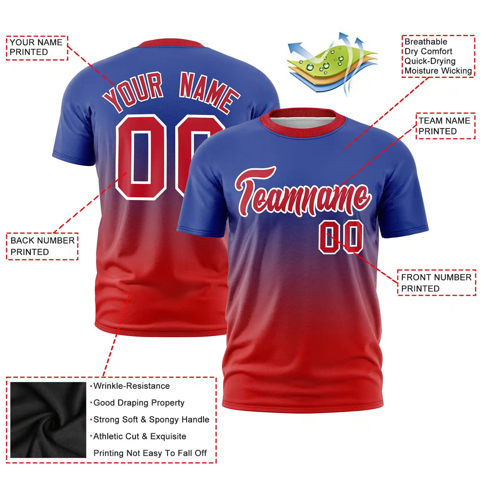 Custom Royal Blue-Red Gradient Fashion Design Performance T-Shirt