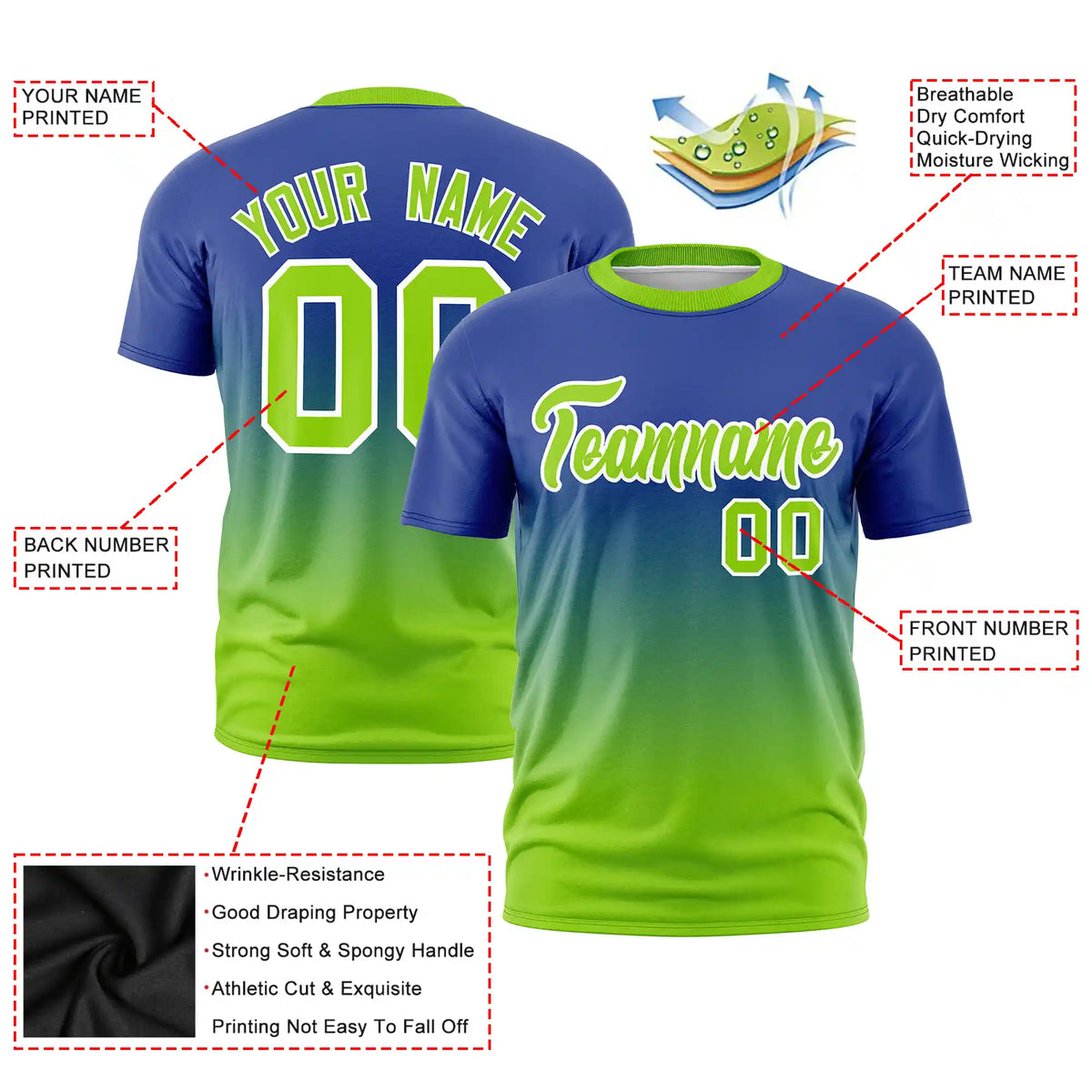 Custom Royal Blue-Neon Green Gradient Fashion Design Performance T-Shirt