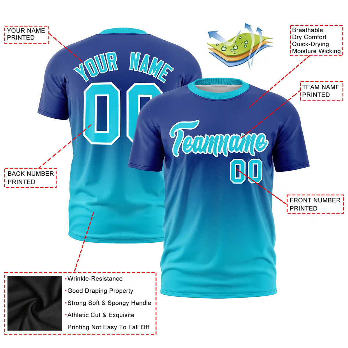 Custom Royal Blue-Sky Blue Gradient Fashion Design Performance T-Shirt