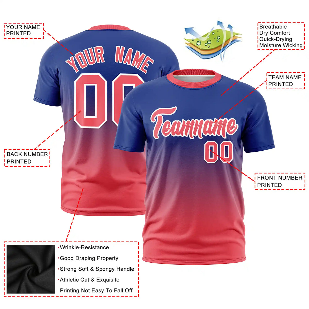 Custom Royal Blue-Light Red Gradient Fashion Design Performance T-Shirt