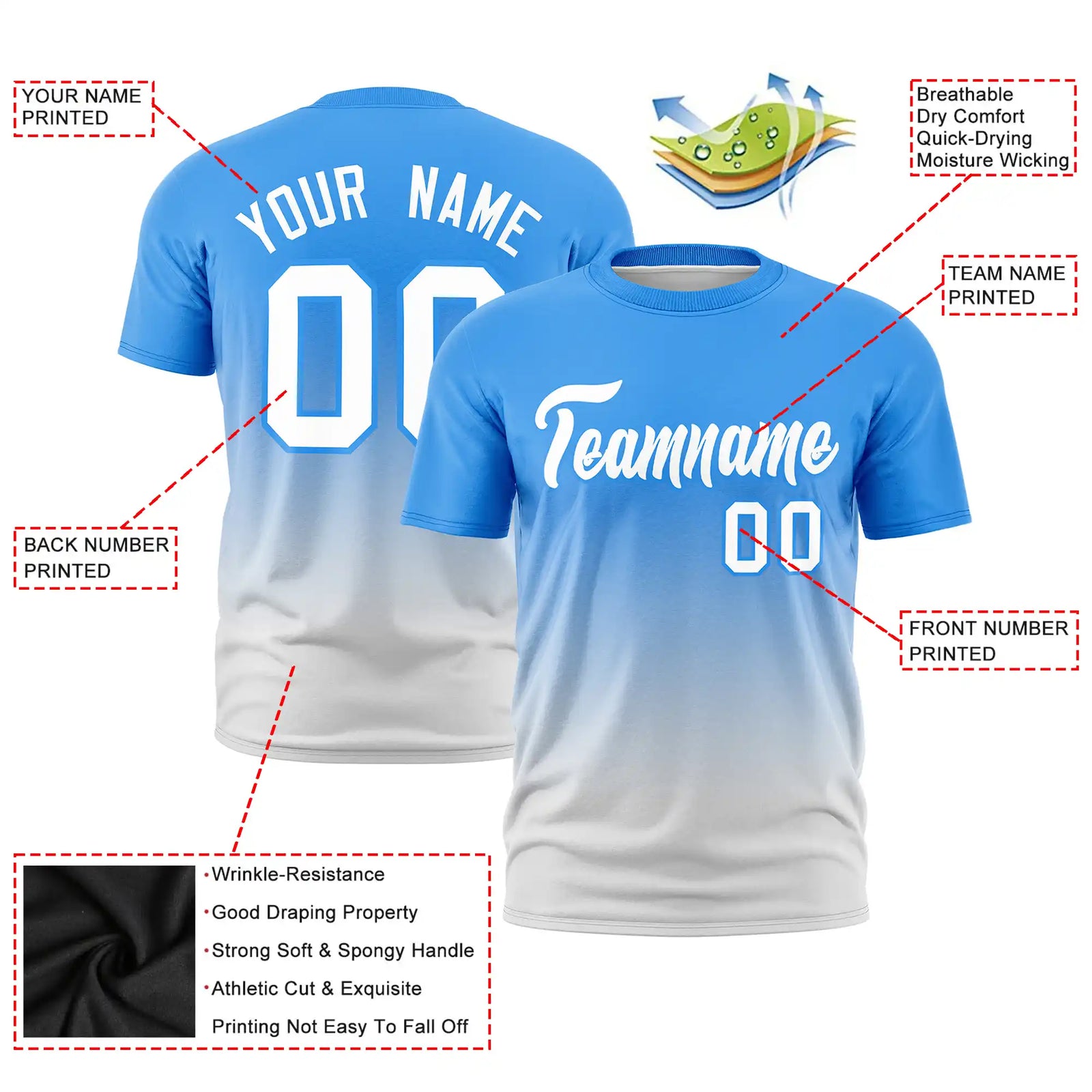 Custom Powder Blue-Gray Gradient Fashion Design Performance T-Shirt
