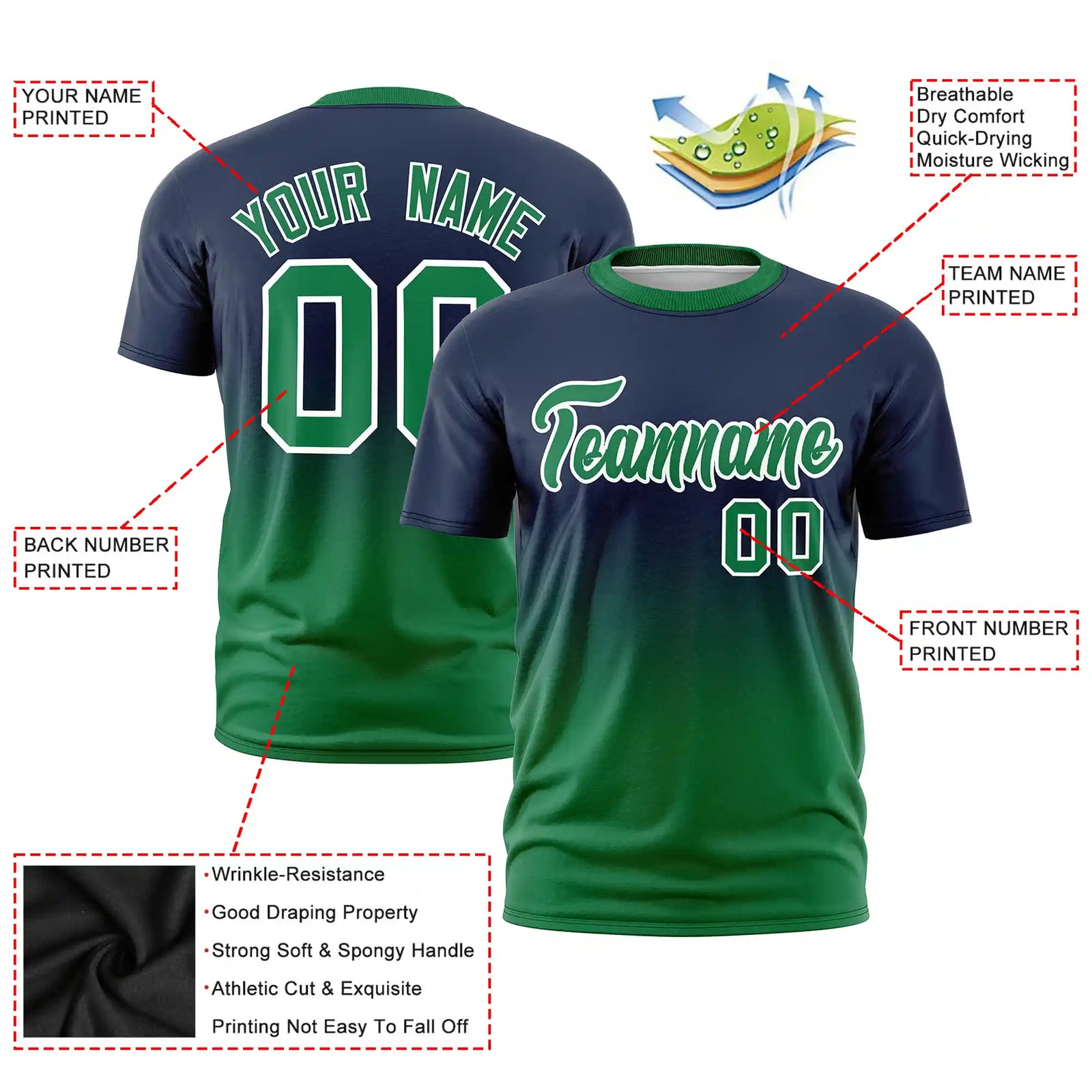 Custom Navy-Kelly Green Gradient Fashion Design Performance T-Shirt