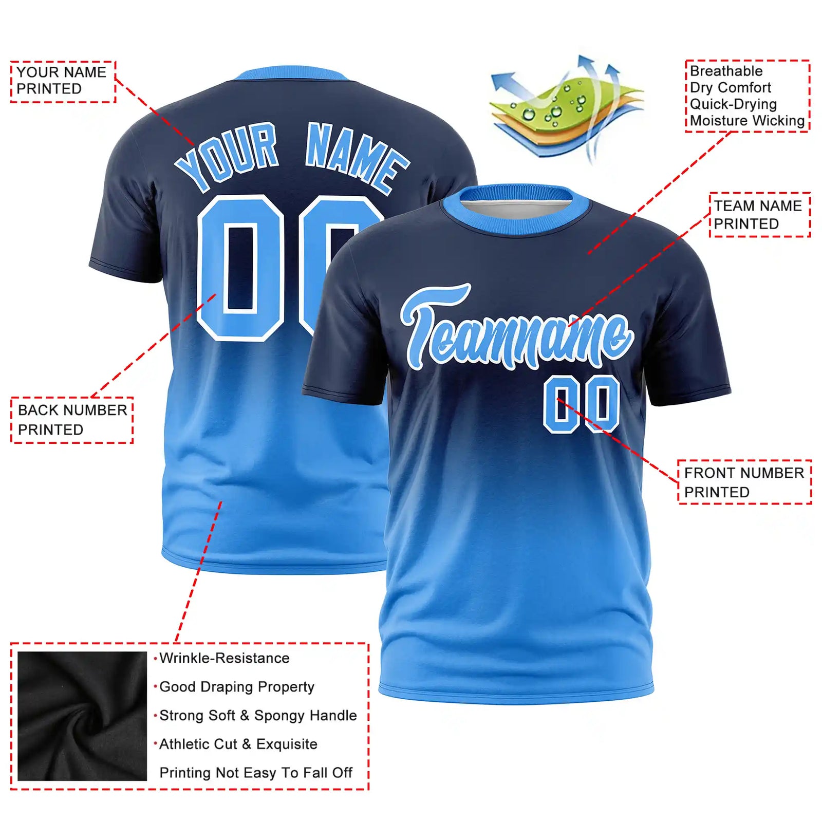 Custom Navy-Powder Blue Gradient Fashion Design Performance T-Shirt