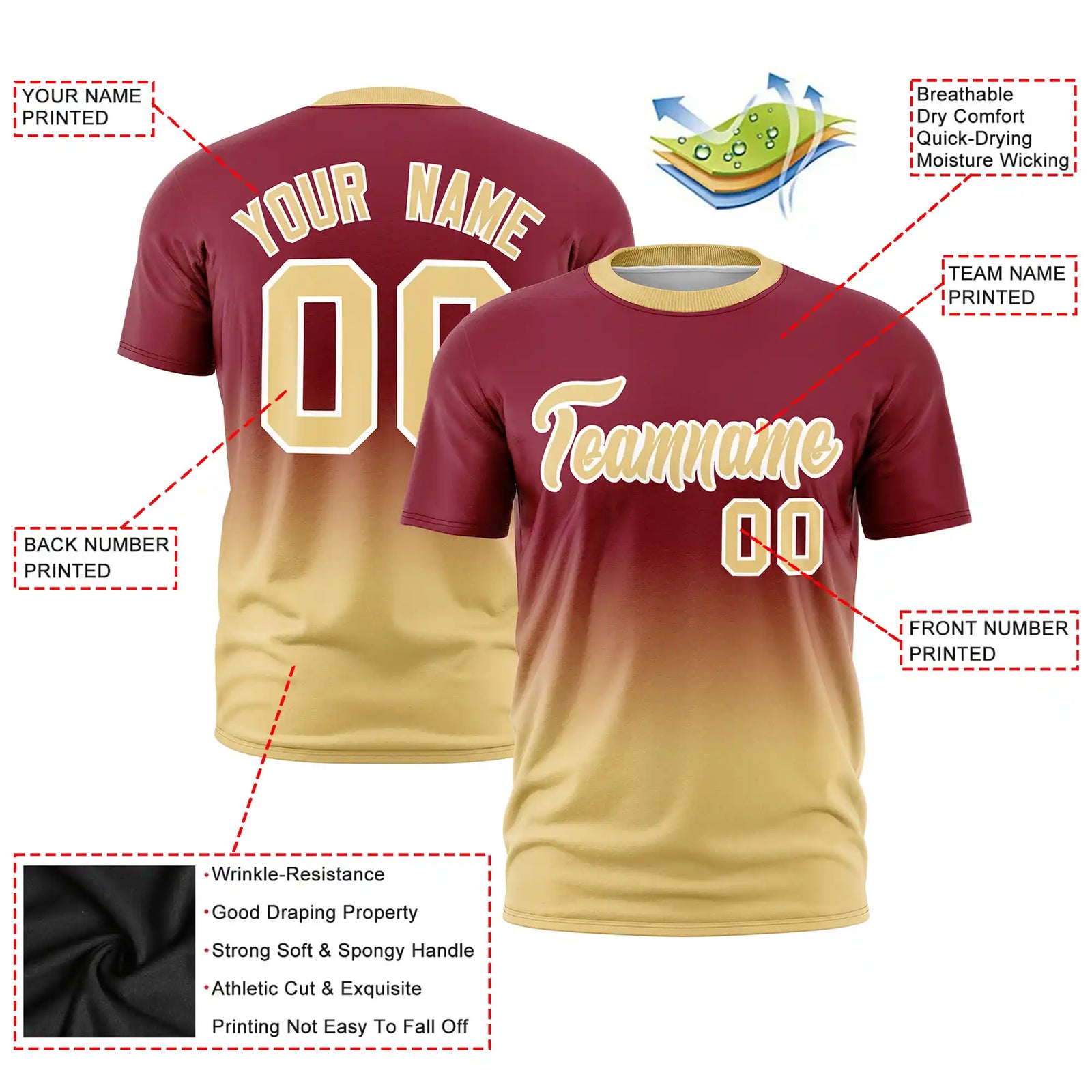 Custom Crimson-Khaki Gradient Fashion Design Performance T-Shirt